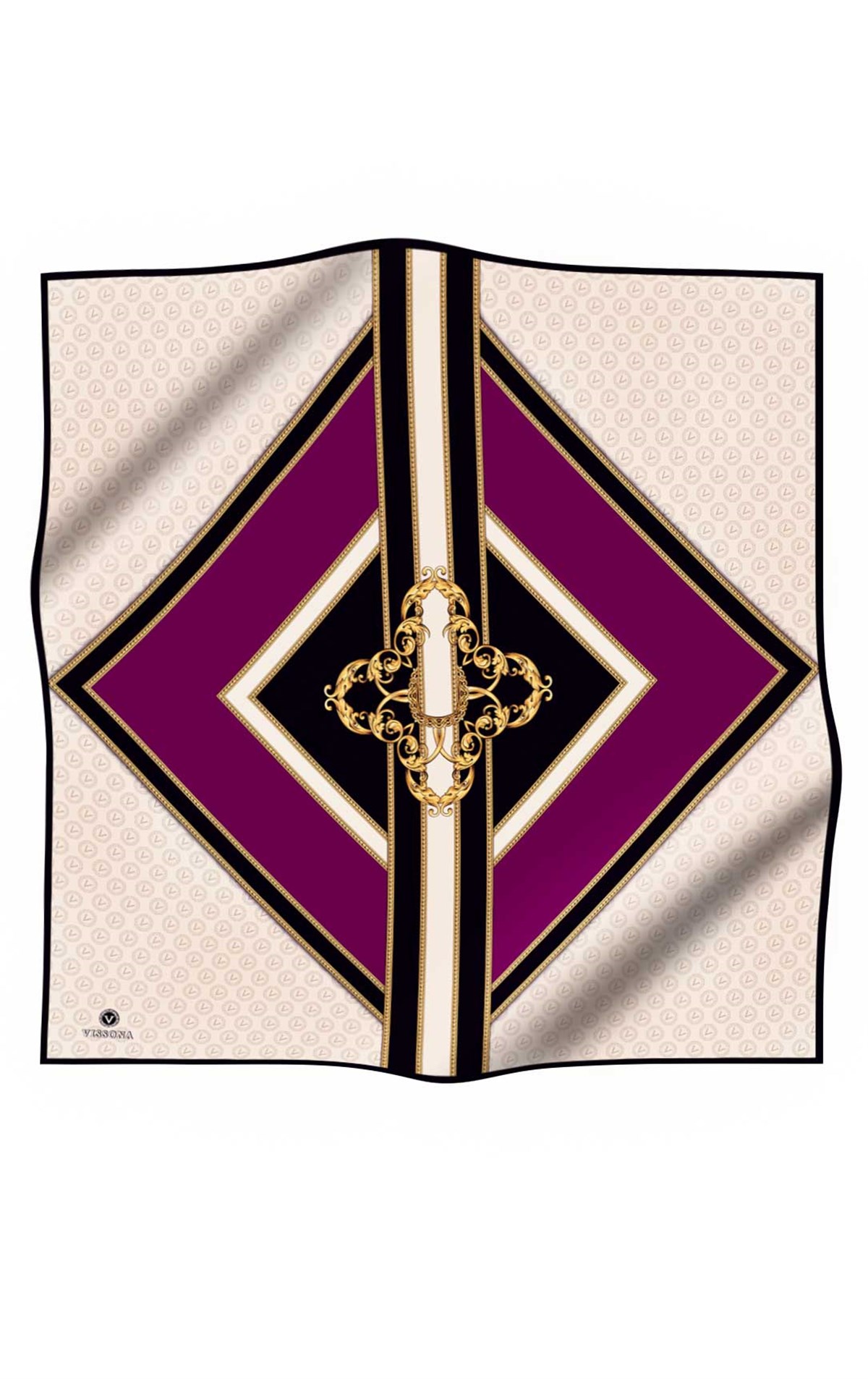 %100 Twill İpek Monogram ve Barok Desenli Mürdüm - Krem Renkli 90x90 Eşarp Dikim Şekli : El Dikişi