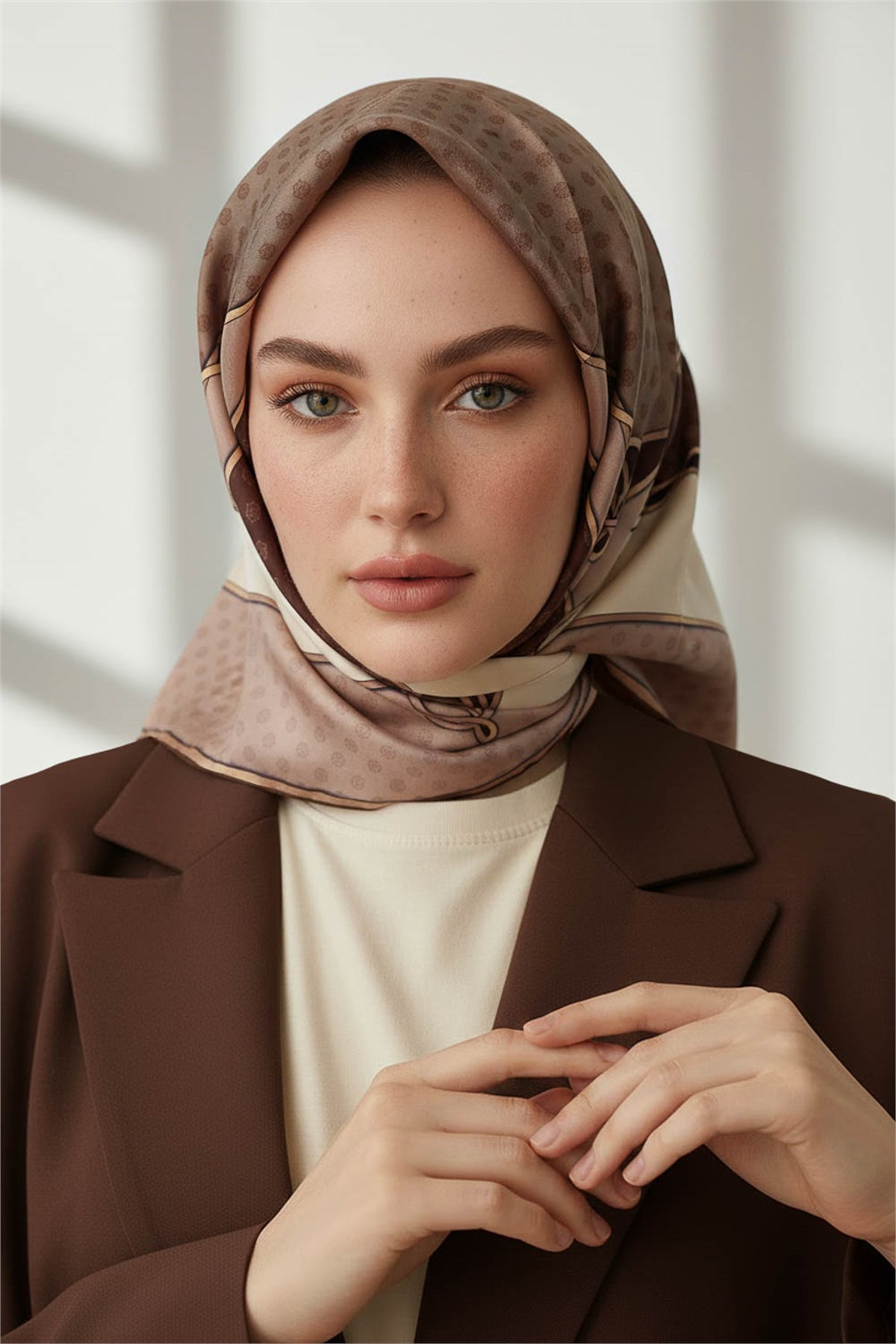 %100 Twill İpek Puantiyeli ve Geometrik Desenli Bej - Kahverengi Renkli 90x90 Eşarp Dikim Şekli : El Dikişi