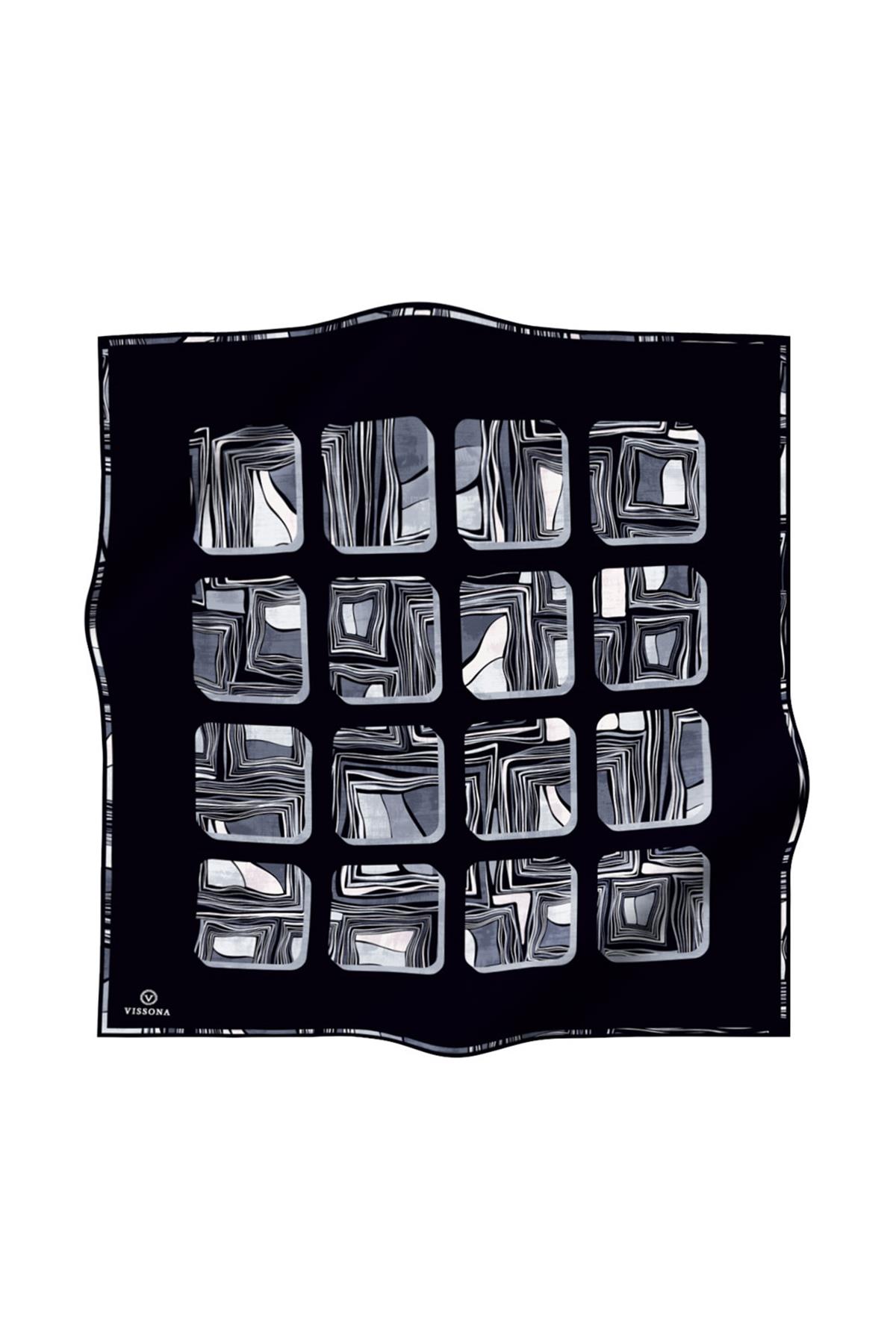 %100 Twill İpek Geometrik Kare Desenli Siyah - Beyaz Renkli 90x90 Eşarp Dikim Şekli : El Dikişi