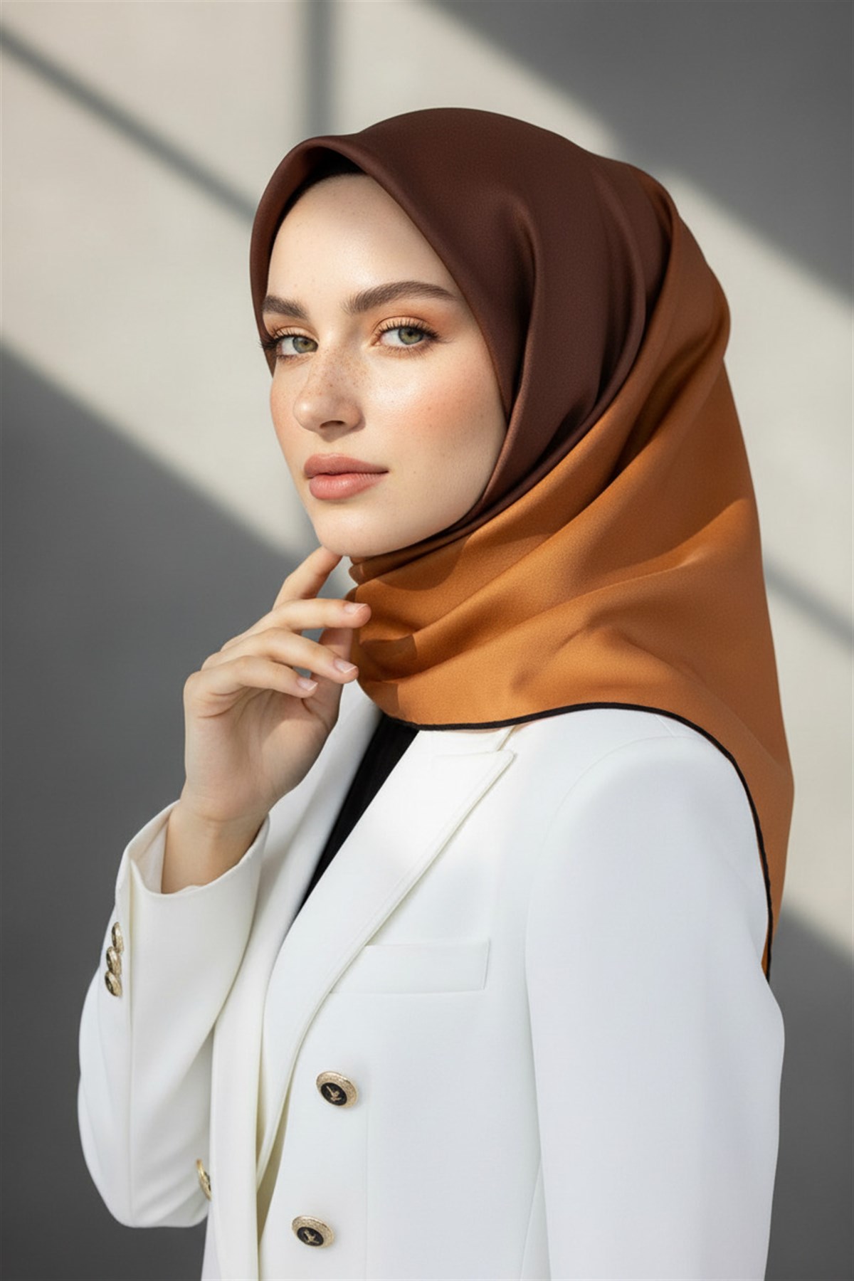 %100 Twill İpek Degrade Desenli Taba Renkli 90x90 Eşarp Dikim Şekli : El Dikişi