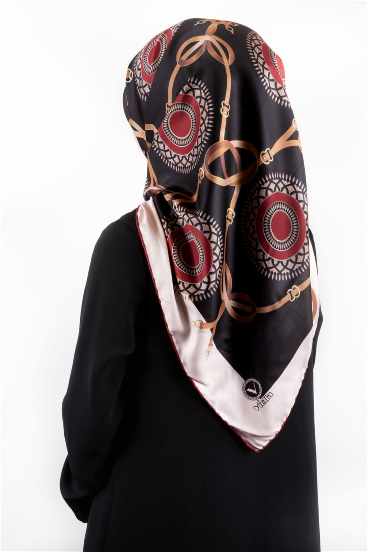 Twill Kemerli Ve Geometrik Desenli Bordo Renkli 90x90 Eşarp (İpek İçermez) Kenar Dikiş Şekli El Dikişli