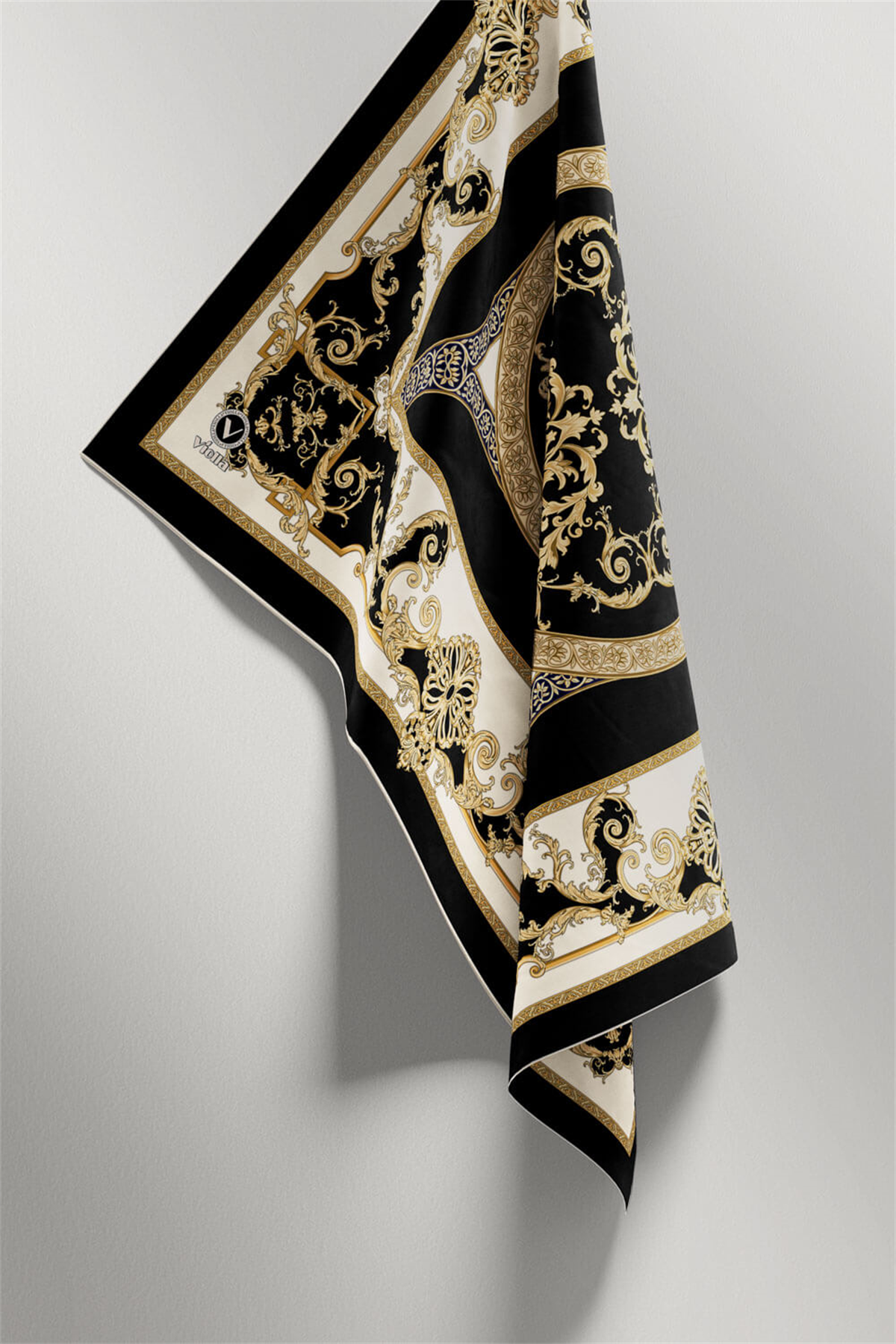 Twill Barok Desenli Siyah Renkli 90x90 Eşarp (İpek İçermez) Kenar Dikiş Şekli El Dikişli