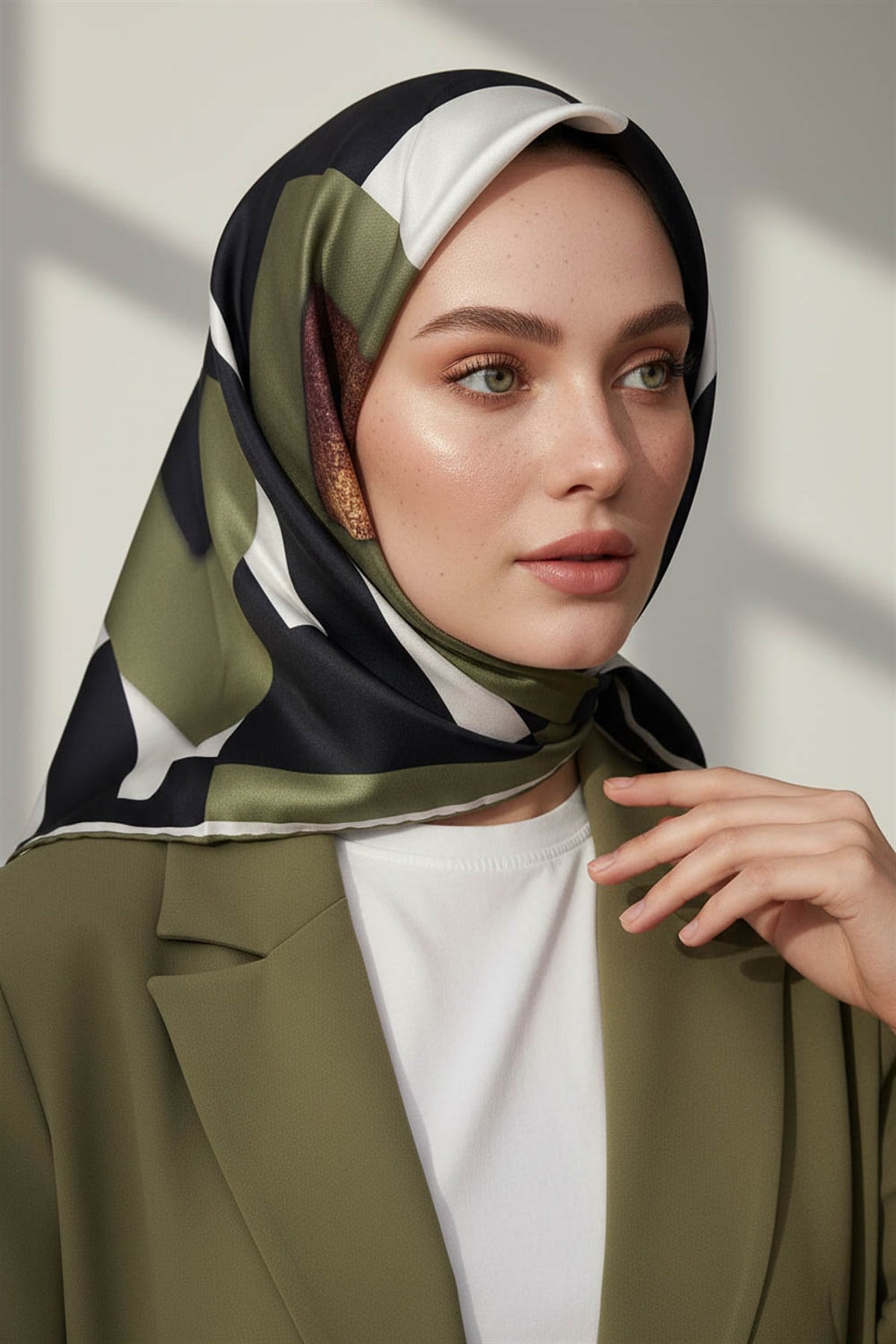 %100 Twill İpek Karo Desenli Haki - Siyah Renkli 90x90 Eşarp Dikim Şekli : El Dikişi