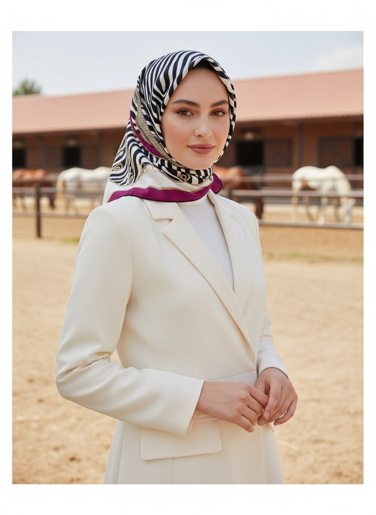 %100 Twill İpek Zincirli Ve Zebra Desenli Mürdüm - Bej Renkli 90x90 Eşarp Dikim Şekli : El Dikişi