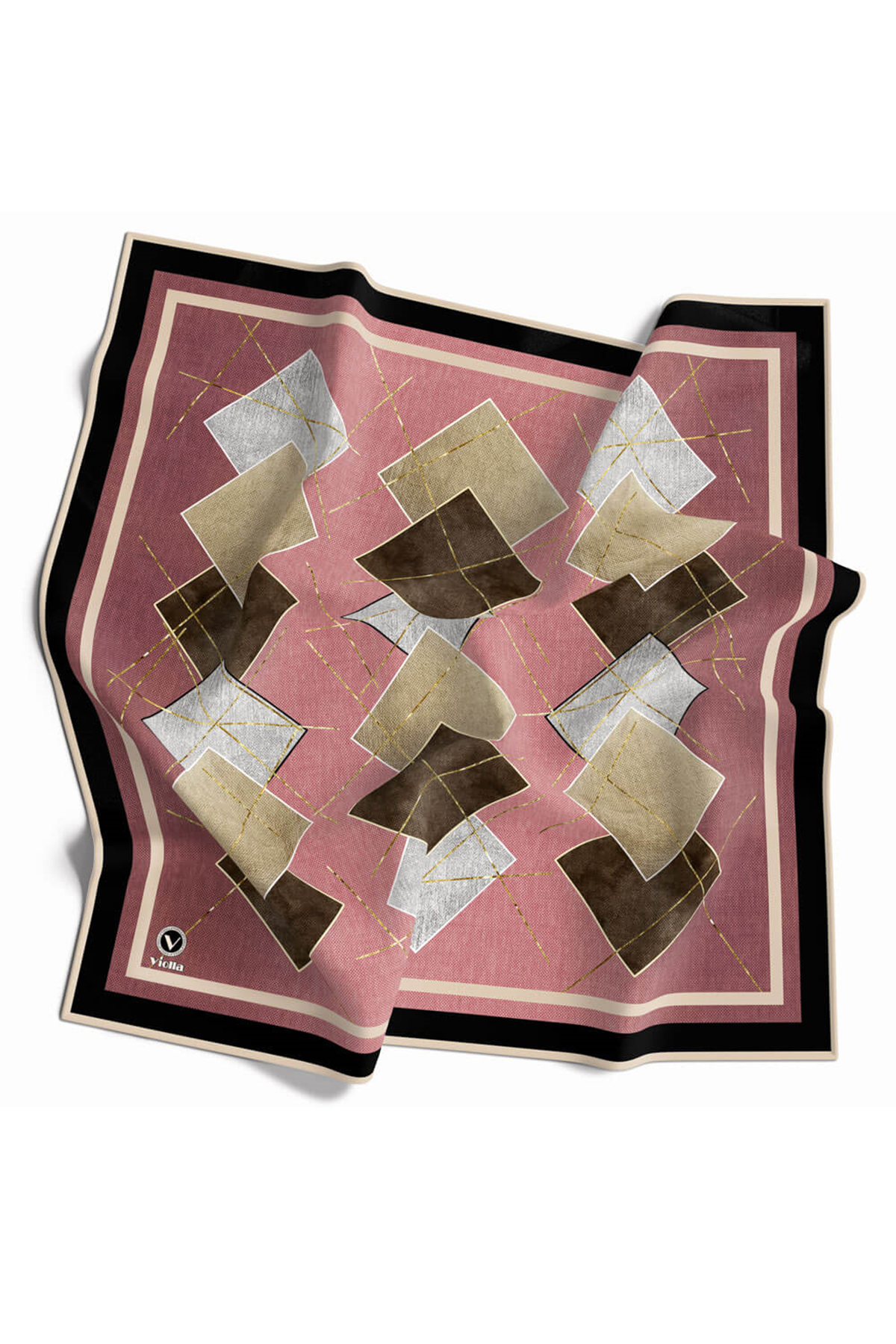 Twill Geometrik Desenli Pudra Renkli 90x90 Eşarp (İpek İçermez) Kenar Dikiş Şekli El Dikişli