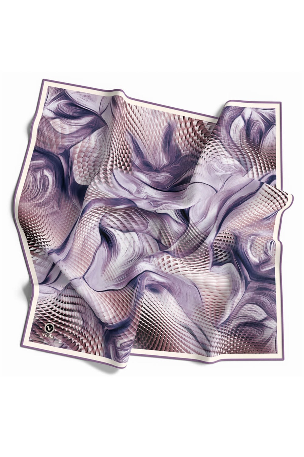 Twill Geometrik Ve Dalga Desenli Mor Renkli 90x90 Eşarp (İpek İçermez) Dikim Şekli : El Dikişi