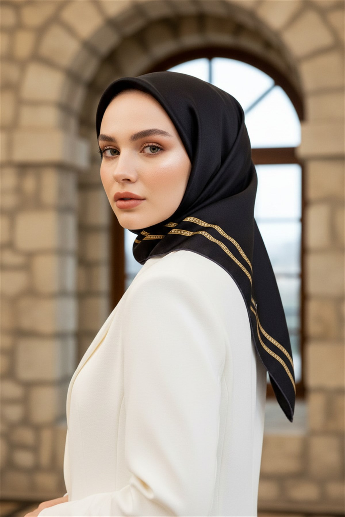 % 57 İPEK % 43 VİSKON Twill İpek Dokulu Şerit Desenli Siyah - Gold Renkli 90x90 Eşarp Dikim Şekli : El Dikişi