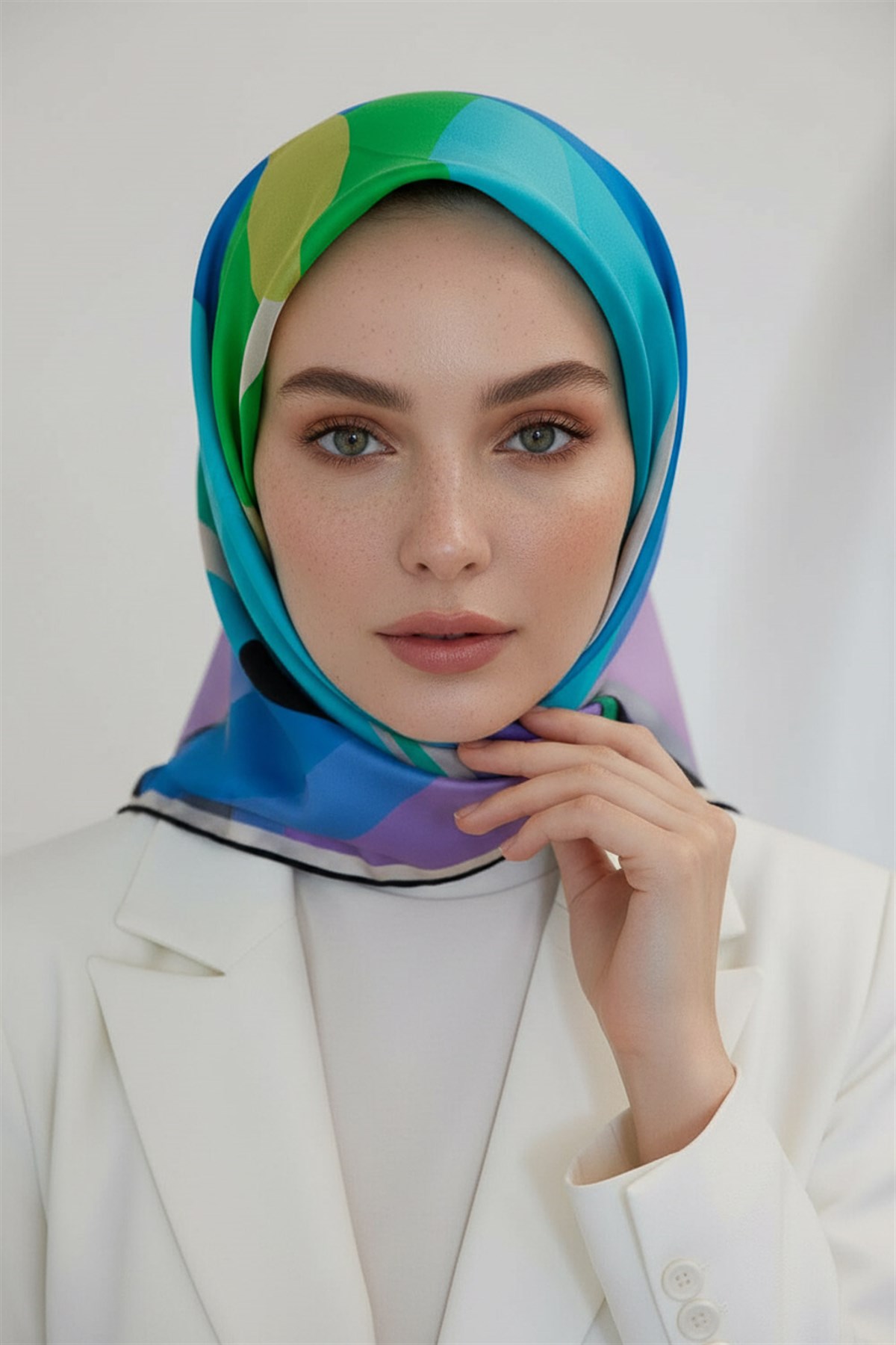 %100 Twill İpek Geometrik Desenli Zümrüt Yeşili - İndigo Renkli 90x90 Eşarp Dikim Şekli : El Dikişi