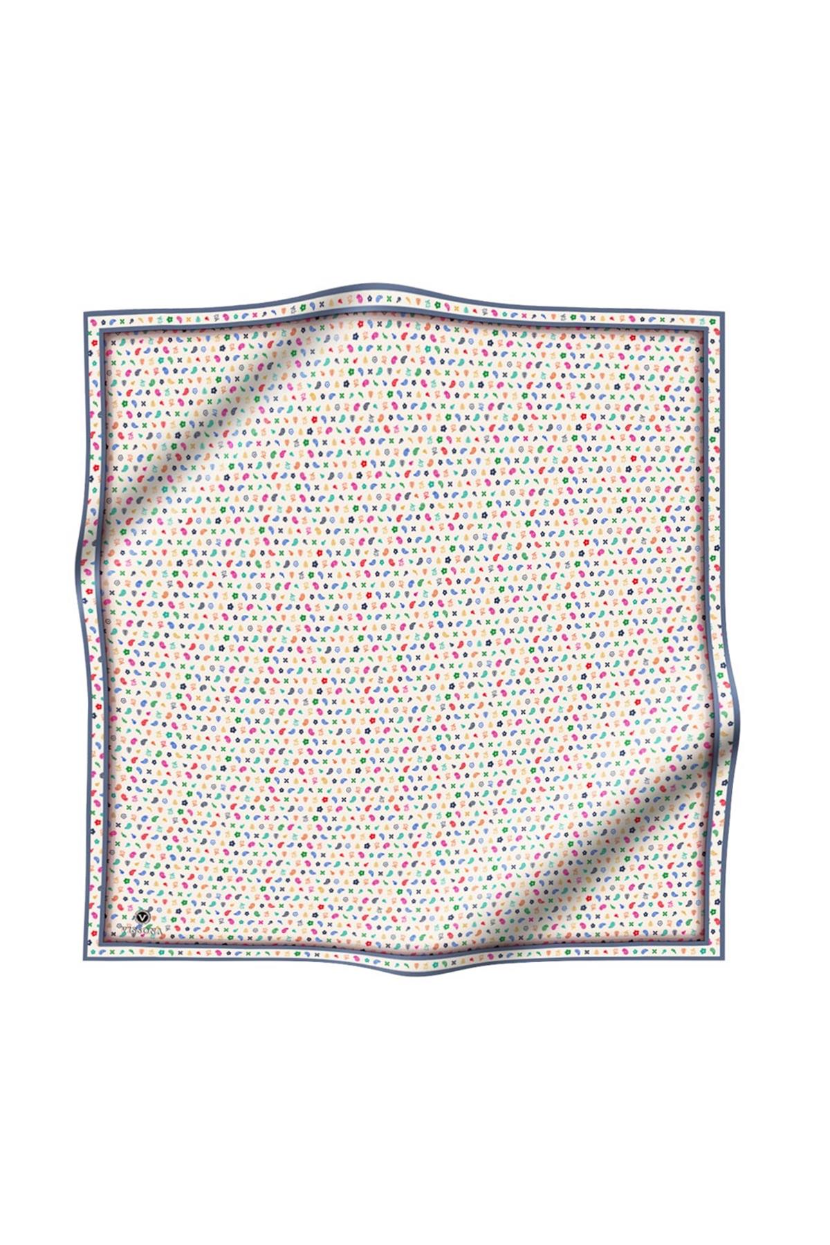 %100 Twill İpek Çıtır Desenli Krem - İndigo Renkli 90x90 Eşarp Dikim Şekli : El Dikişi