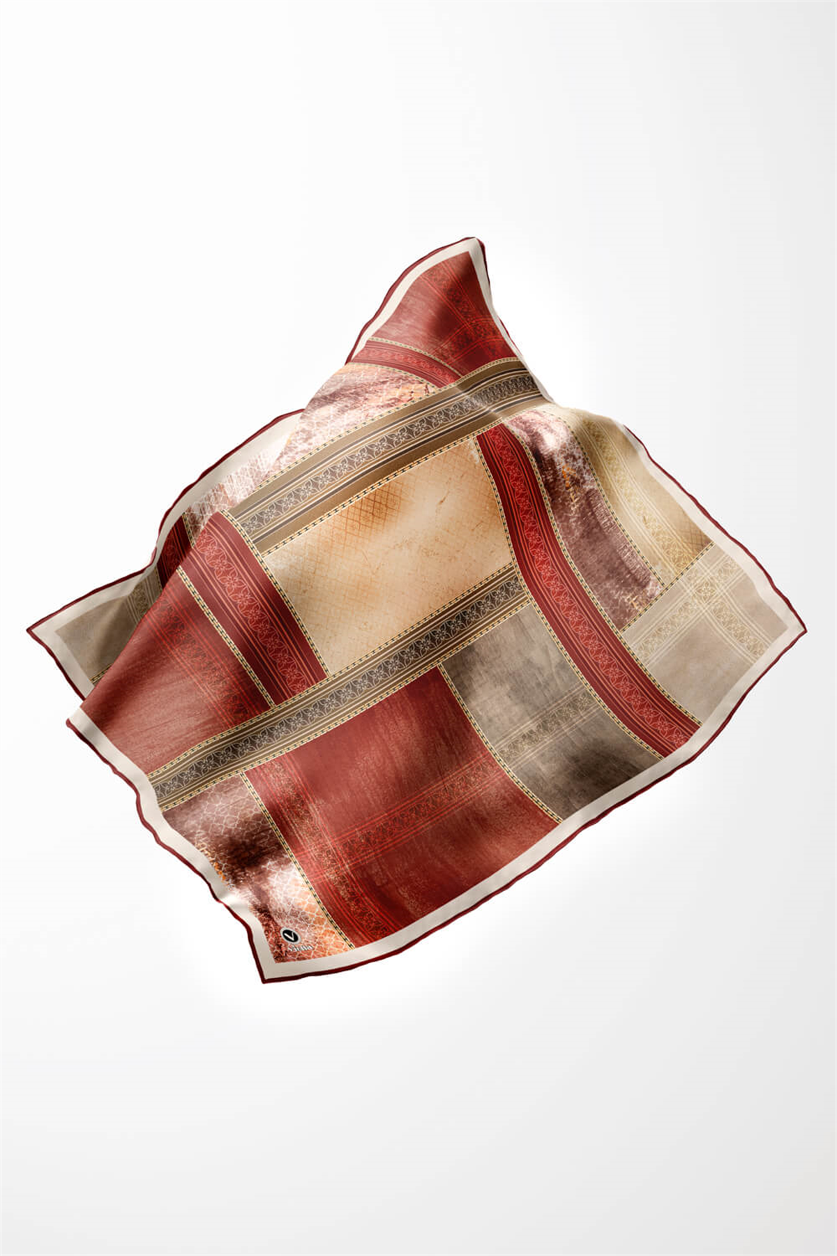 Twill Dokulu Ve Geometrik Desenli Bordo Renkli 90x90 Eşarp (İpek İçermez) Dikim Şekli : El Dikişi