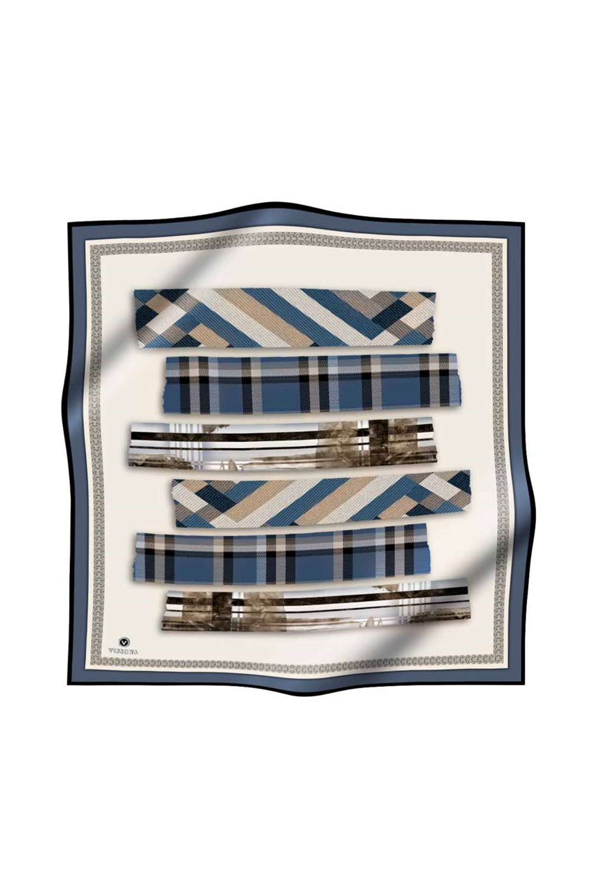 %100 Twill İpek Ekose Desenli İndigo - Krem Renkli 90x90 Eşarp Dikim Şekli : El Dikişi