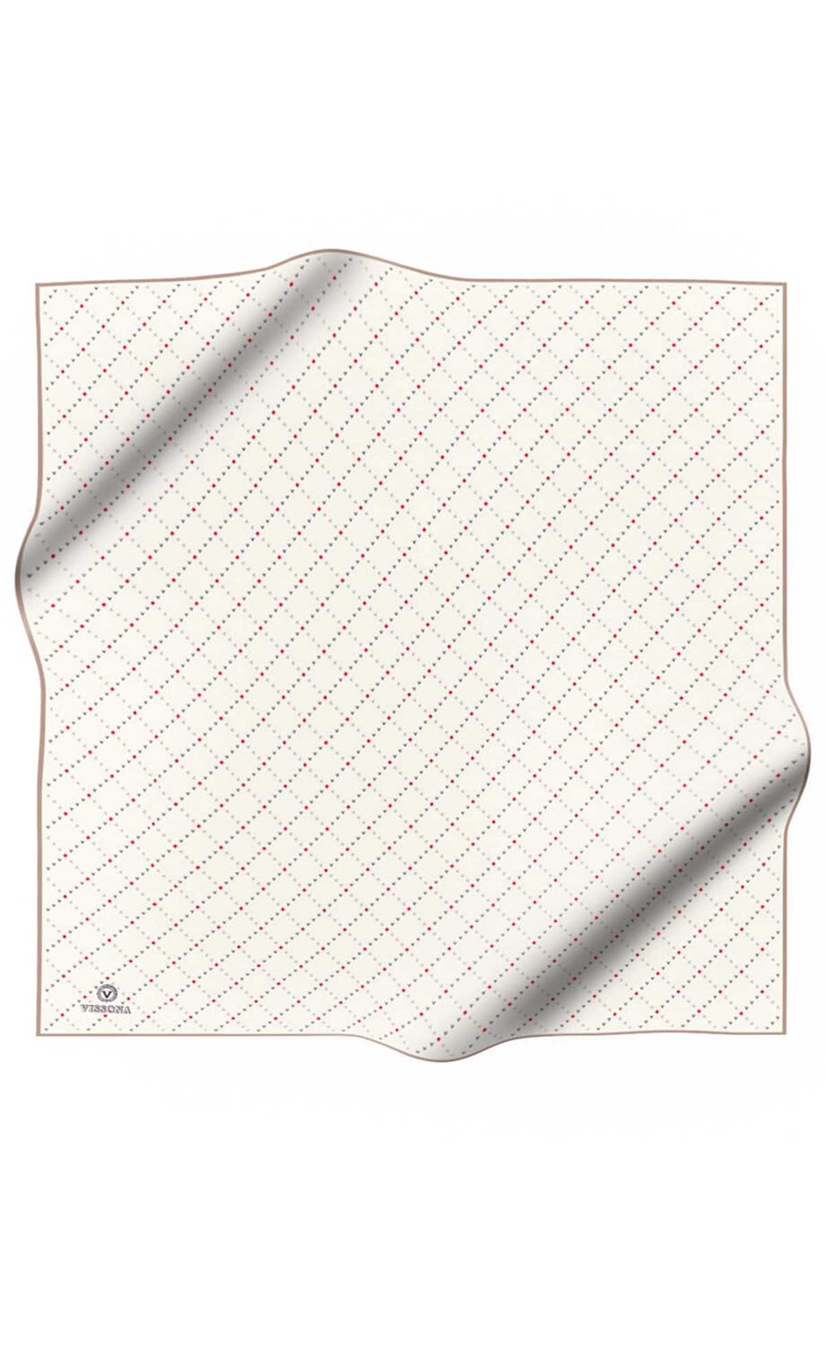 % 57 İPEK % 43 VİSKON Twill İpek Minik V Desenli Beyaz Renkli 90x90 Eşarp Dikim Şekli : El Dikişi
