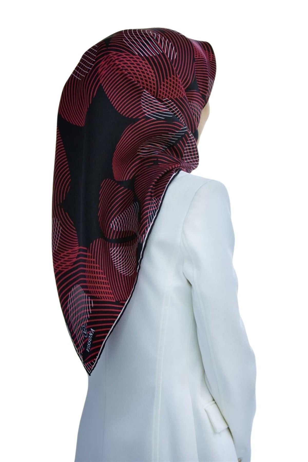 %100 Twill İpek Çizgili Çiçek Desenli Siyah - Bordo Renkli 90x90 Eşarp Dikim Şekli : El Dikişi
