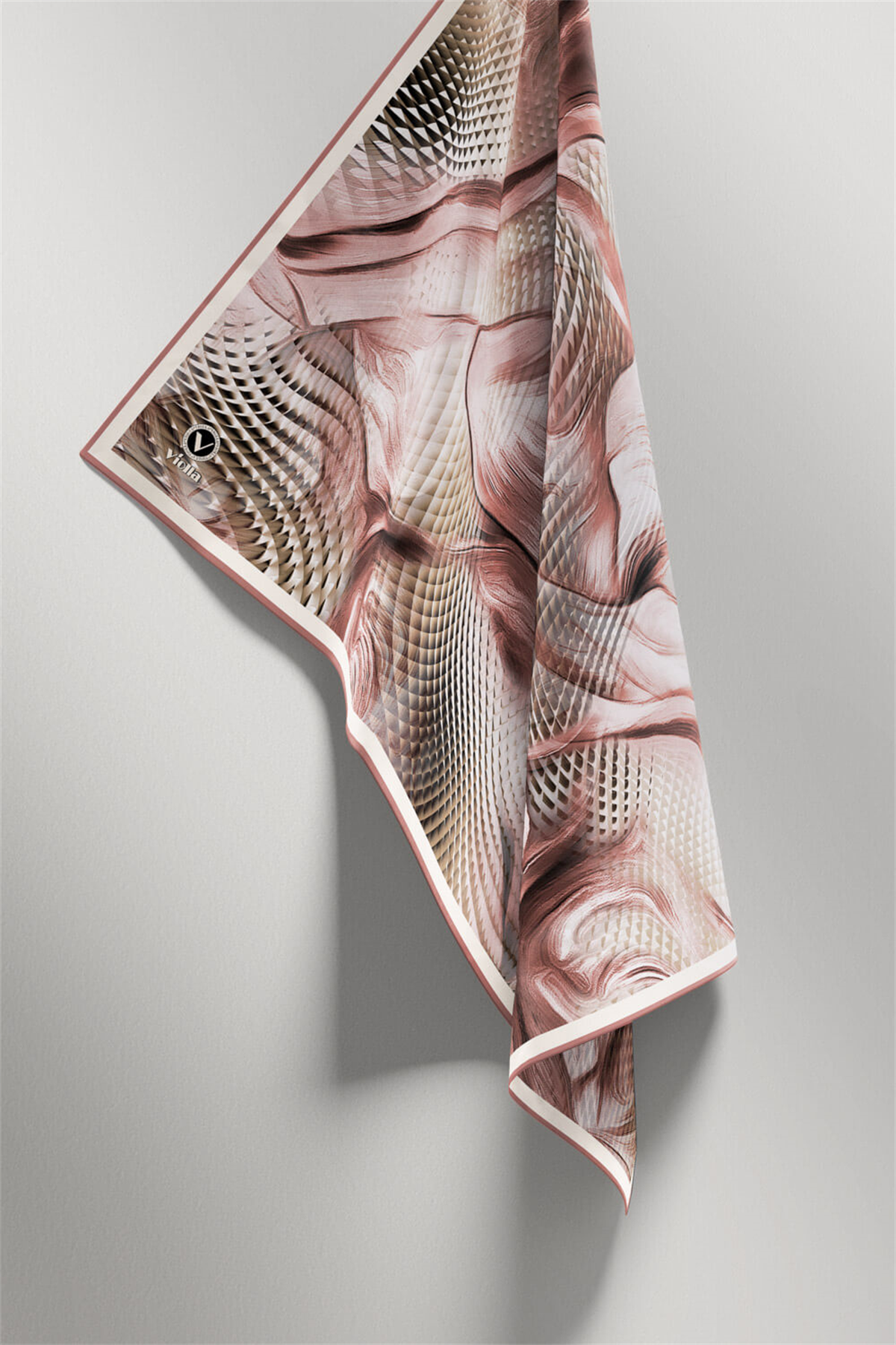 Twill Geometrik Ve Dalga Desenli Pudra Renkli 90x90 Eşarp (İpek İçermez) Dikim Şekli : El Dikişi