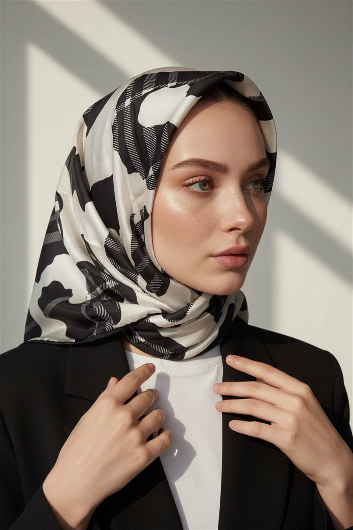 %100 Twill İpek Leopar Desenli Krem - Siyah Renkli 90x90 Eşarp Dikim Şekli : El Dikişi