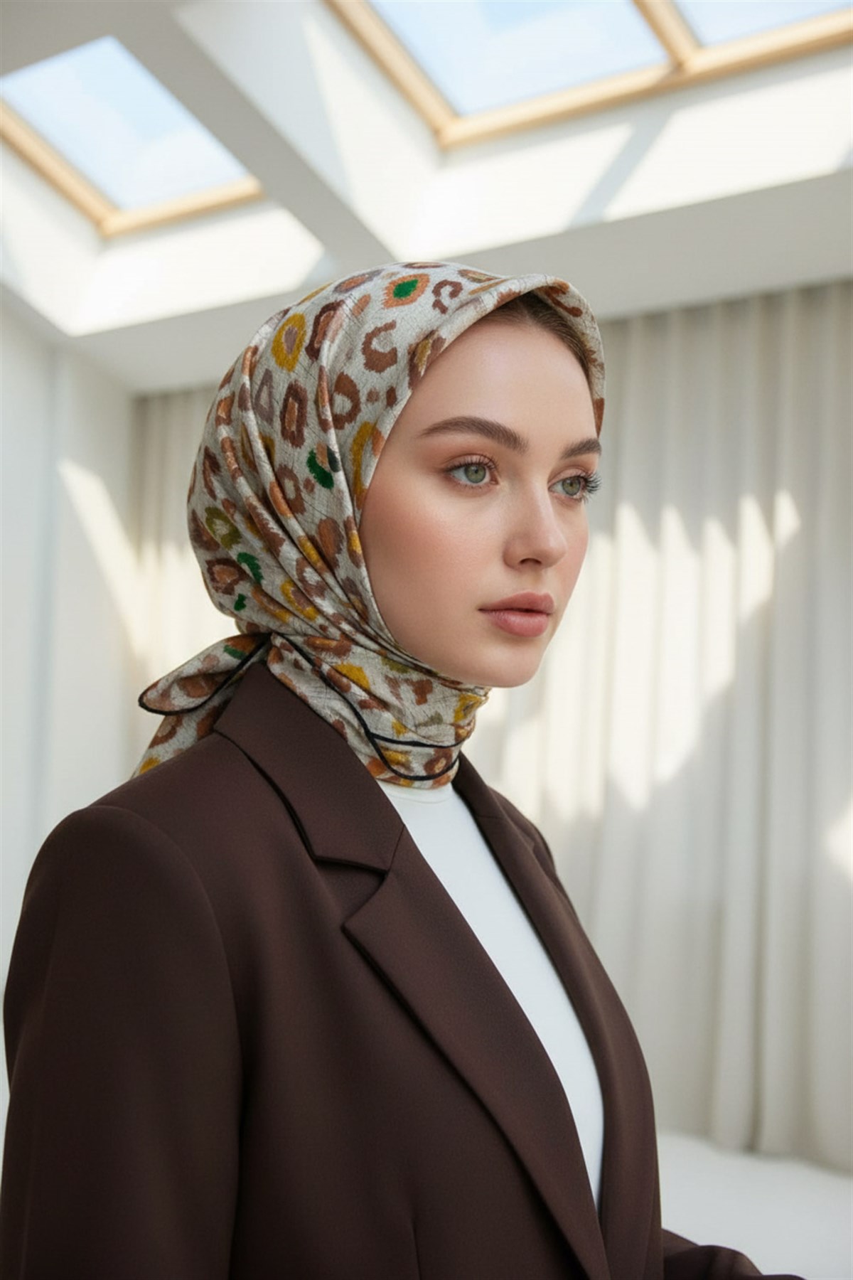 %100 Twill İpek Renkli Leopari Desenli Turuncu - Zümrüt Yeşili Renkli 90x90 Eşarp Kenar Dikiş Şekli El Dikişli
