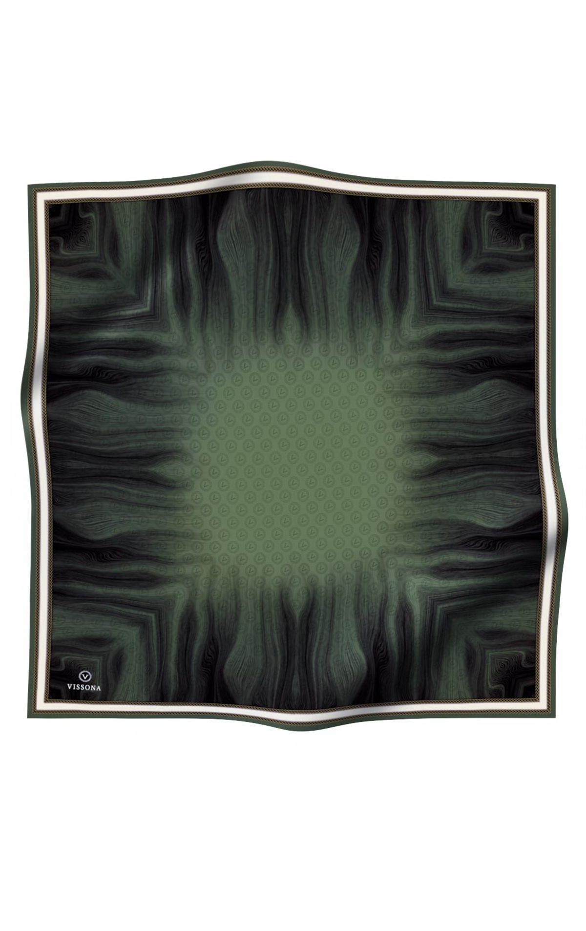 % 57 İPEK % 43 VİSKON Twill İpek Monogram Desenli Haki Renkli 90x90 Dikim Şekli : El Dikişi Eşarp