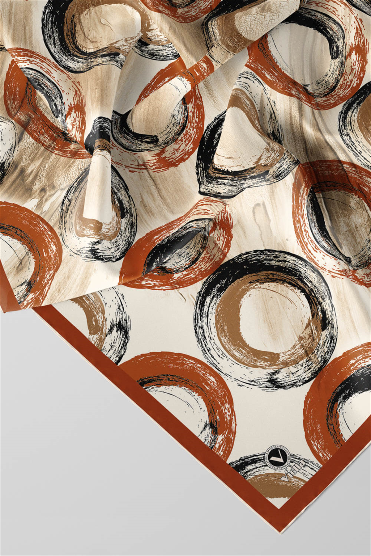 Twill Geometrik Fırça Darbesi Desenli Taba Renkli 90x90 Eşarp (İpek İçermez) Kenar Dikiş Şekli El Dikişli