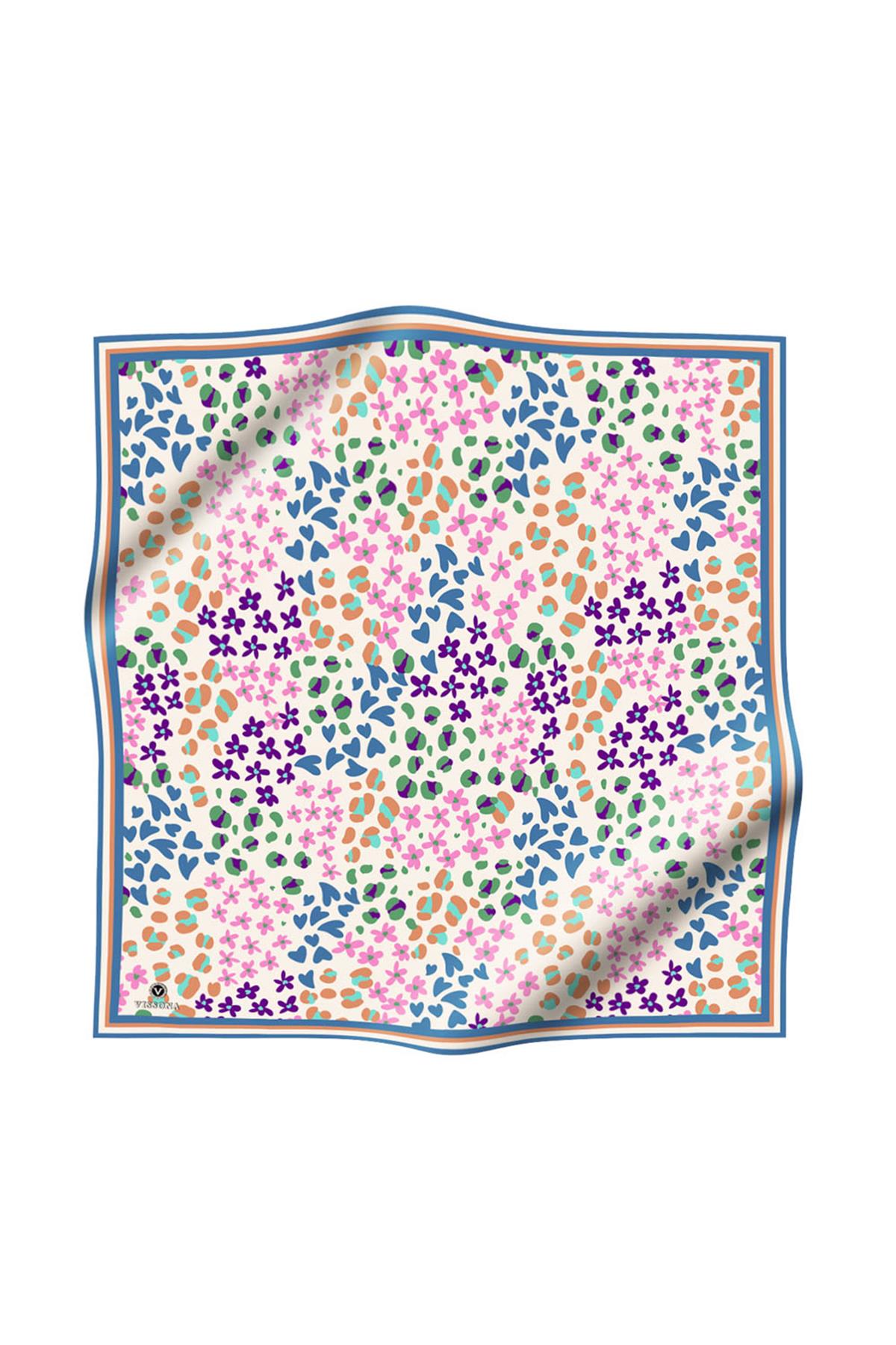 %100 Twill İpek Kalpli Leopar Desenli İndigo - Pembe Renkli 90x90 Eşarp Dikim Şekli : El Dikişi