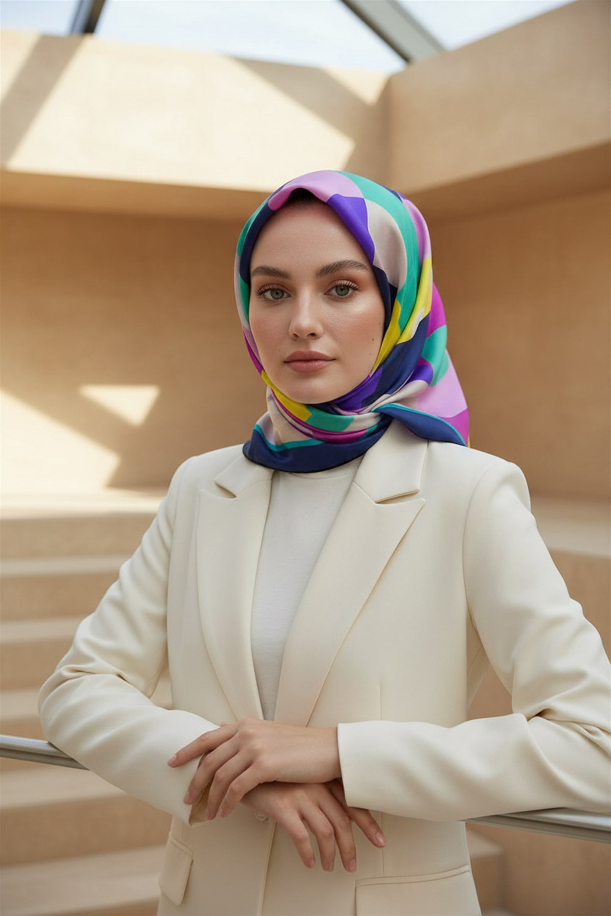 %100 Twill Renk Bloklu Çizgili Desenli Pembe - Lacivert Renkli 90x90 Eşarp Dikim Şekli: El Dikişii