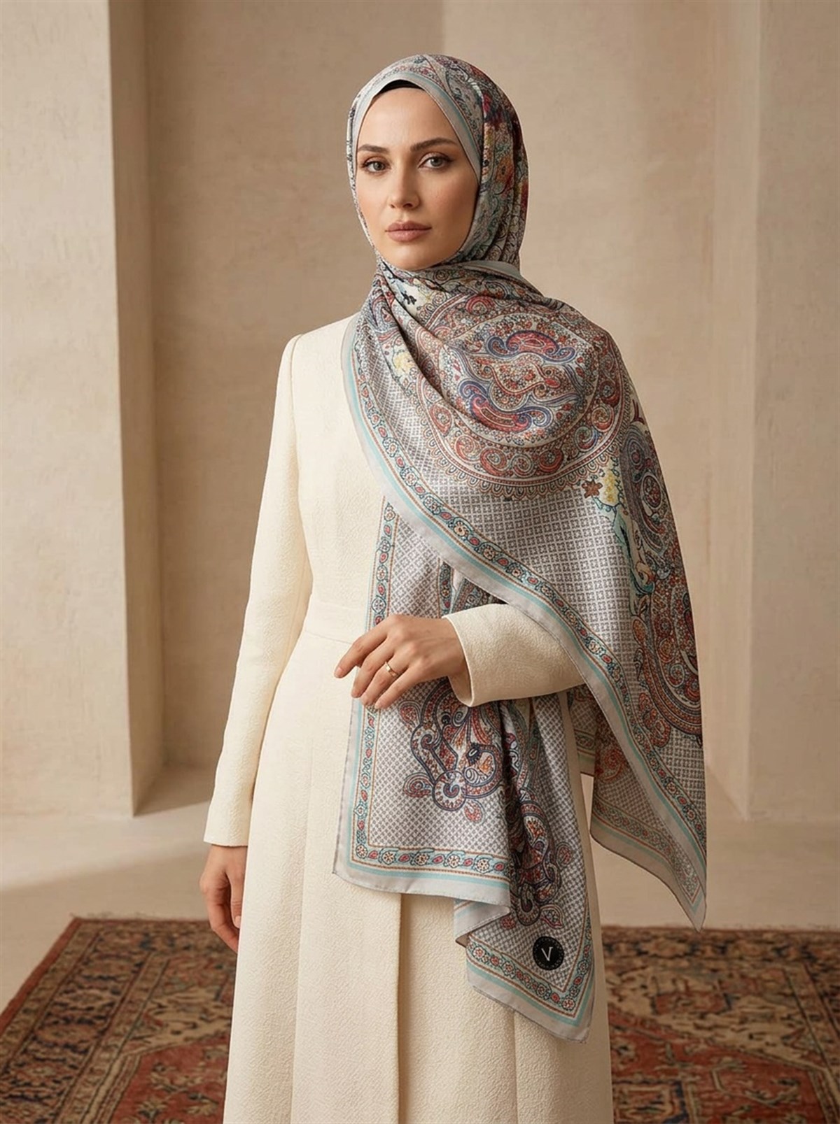 %100 İPEK ETRO DESENLİ GRİ - NAR ÇİÇEĞİ RENKLİ ŞAL