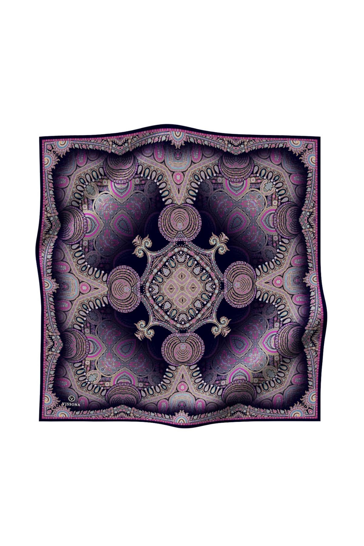 %100 Twill İpek Şal Desenli Lacivert Renkli 90x90 Eşarp Dikim Şekli : El Dikişi