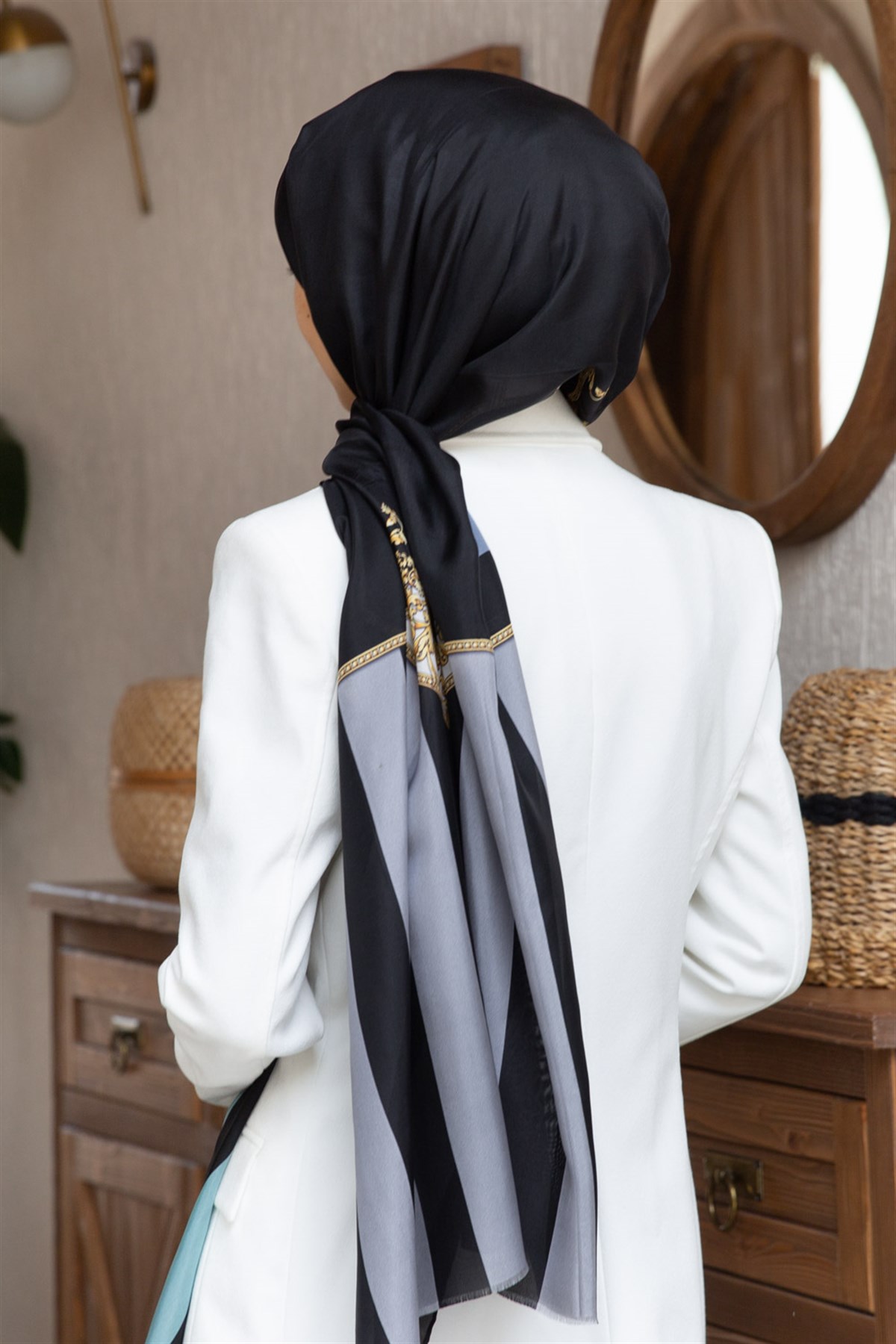 %100 İpek Şerit Ve Varak Desenli Su Yeşili - Bebe Mavisi Renkli 92x210 Şal