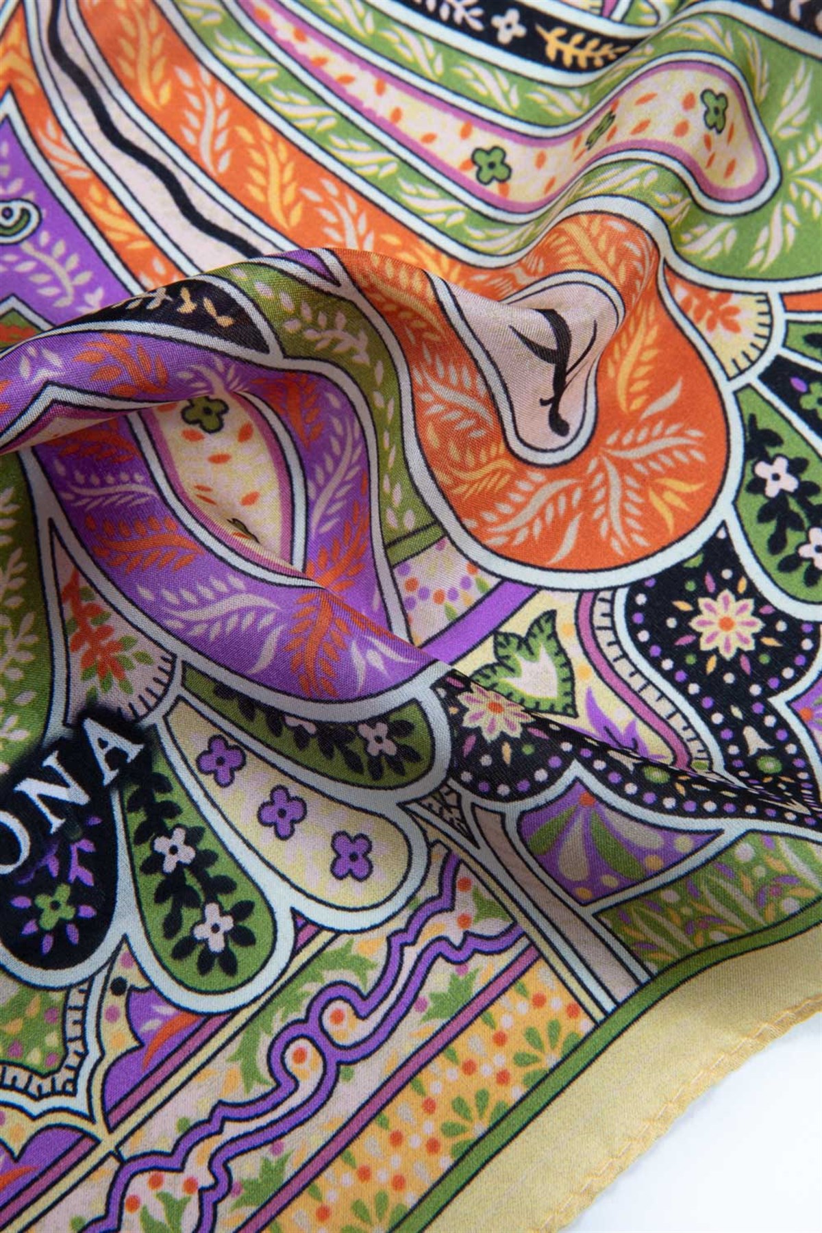 100% İpek Etro Desenli Limon Sarısı - Turuncu Renkli 92x210 Şal