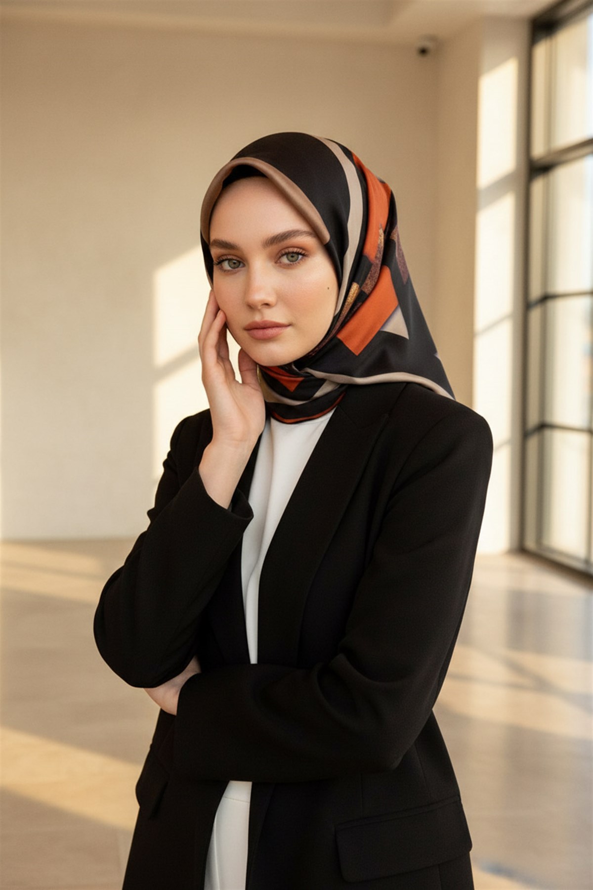 %100 Twill İpek Karo Desenli Bej - Taba Renkli 90x90 Eşarp Dikim Şekli : El Dikişi