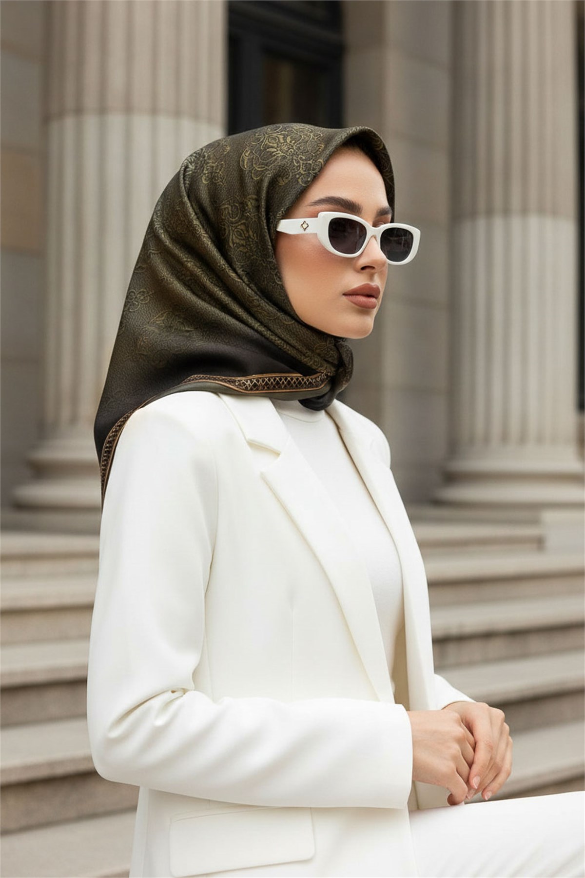%100 Twill İpek Eşarp 90x90 Haki Yeşili Barok Desenli El Dikişli Kadın Eşarp