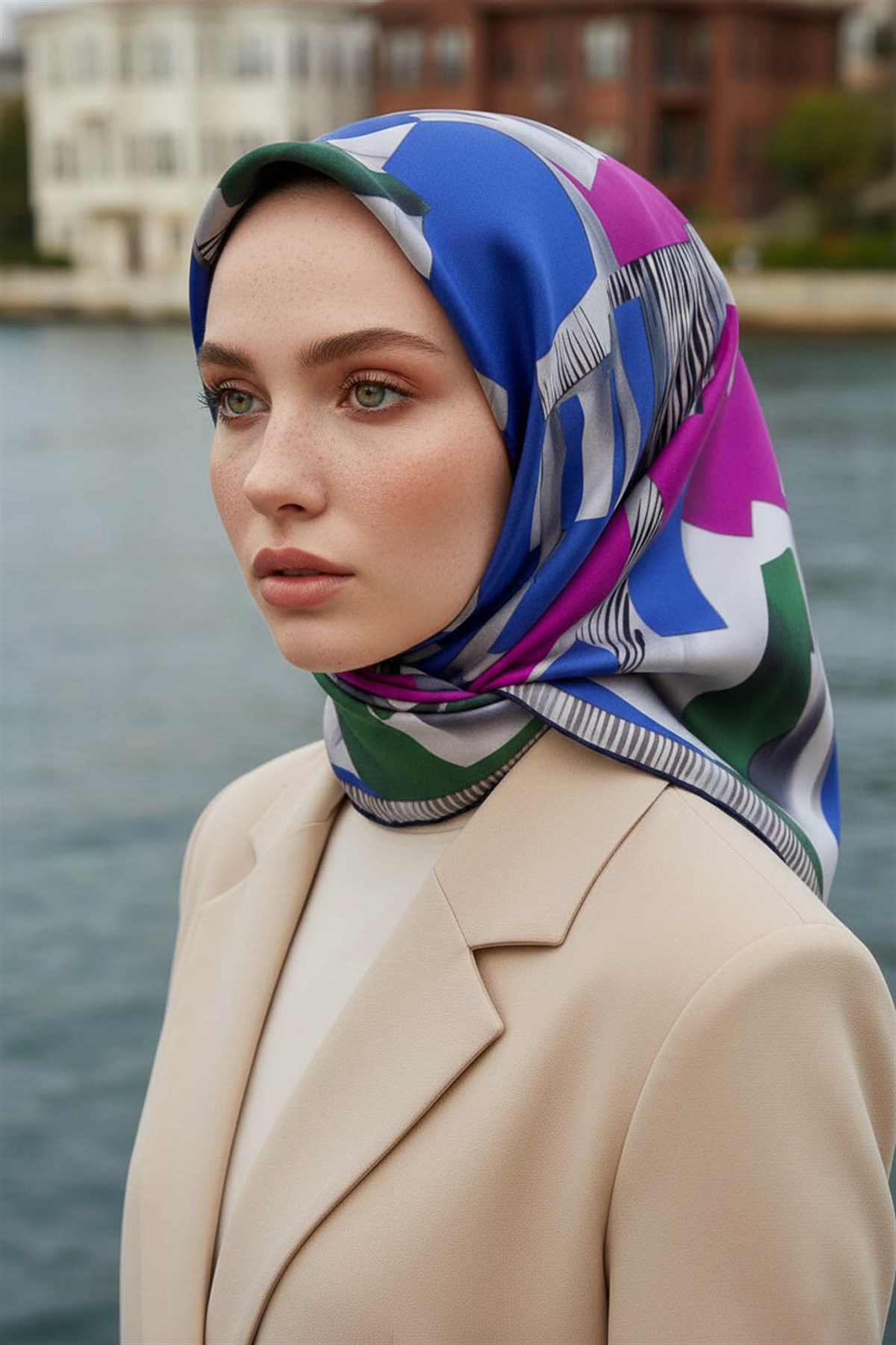 %100 Twill İpek Geometrik Desenli Fuşya - Saks Kabuğu Renkli 90x90 Eşarp Dikim Şekli : El Dikişi