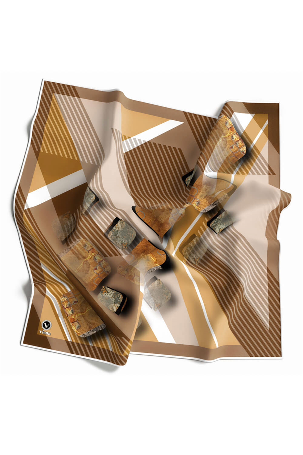 Twill Çizgili ve Geometrik Desenli Sütlükahve Renkli 90x90 Eşarp (İpek İçermez) Kenar Dikiş Şekli El Dikişli