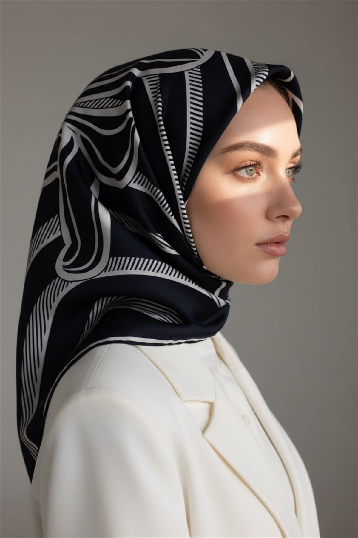 % 57 İPEK % 43 VİSKON Twill İpek Çizgili Çiçek Desenli Lacivert - Krem Renkli 90x90 Eşarp Dikim Şekli : El Dikişi