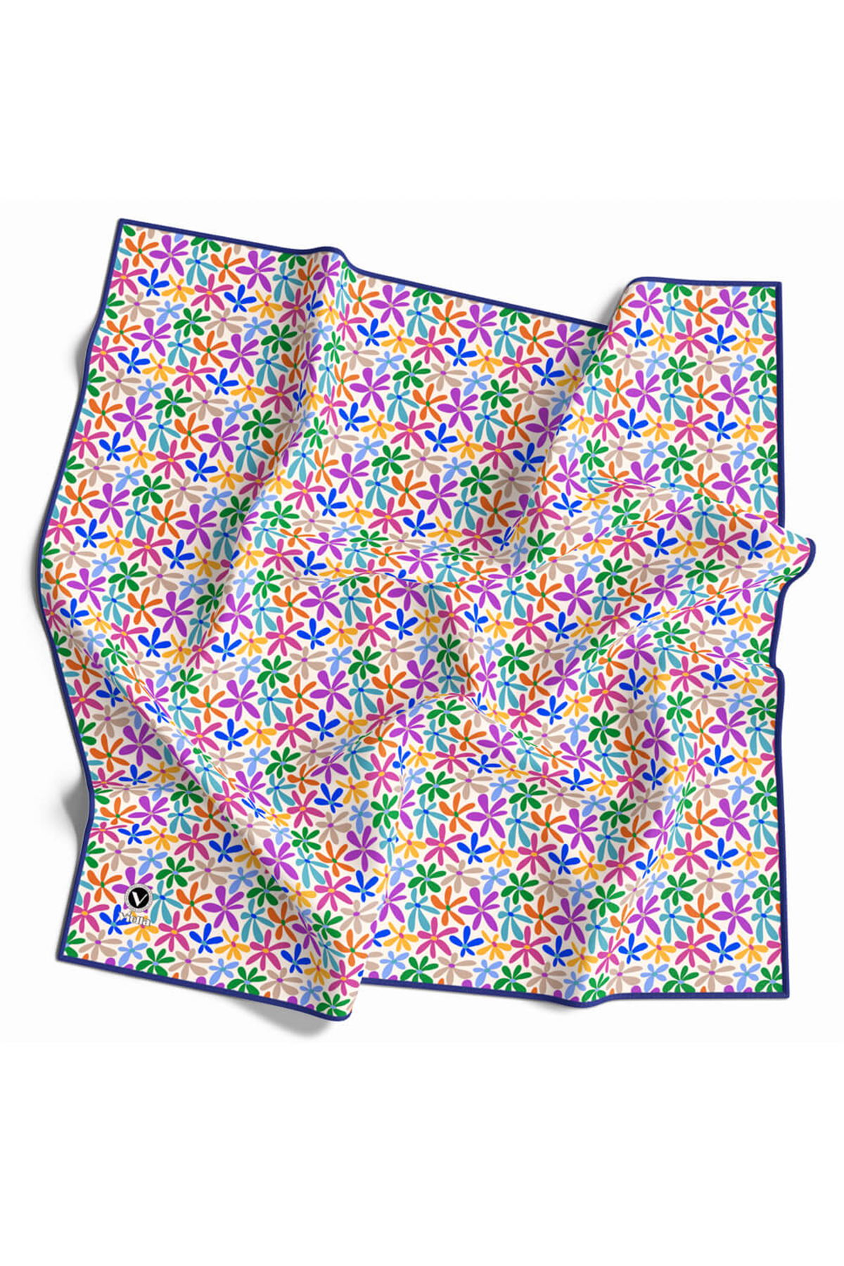 Twill Renkli Çiçek Desenli Lacivert Renkli 90x90 Eşarp (İpek İçermez) Kenar Dikiş Şekli El Dikişli