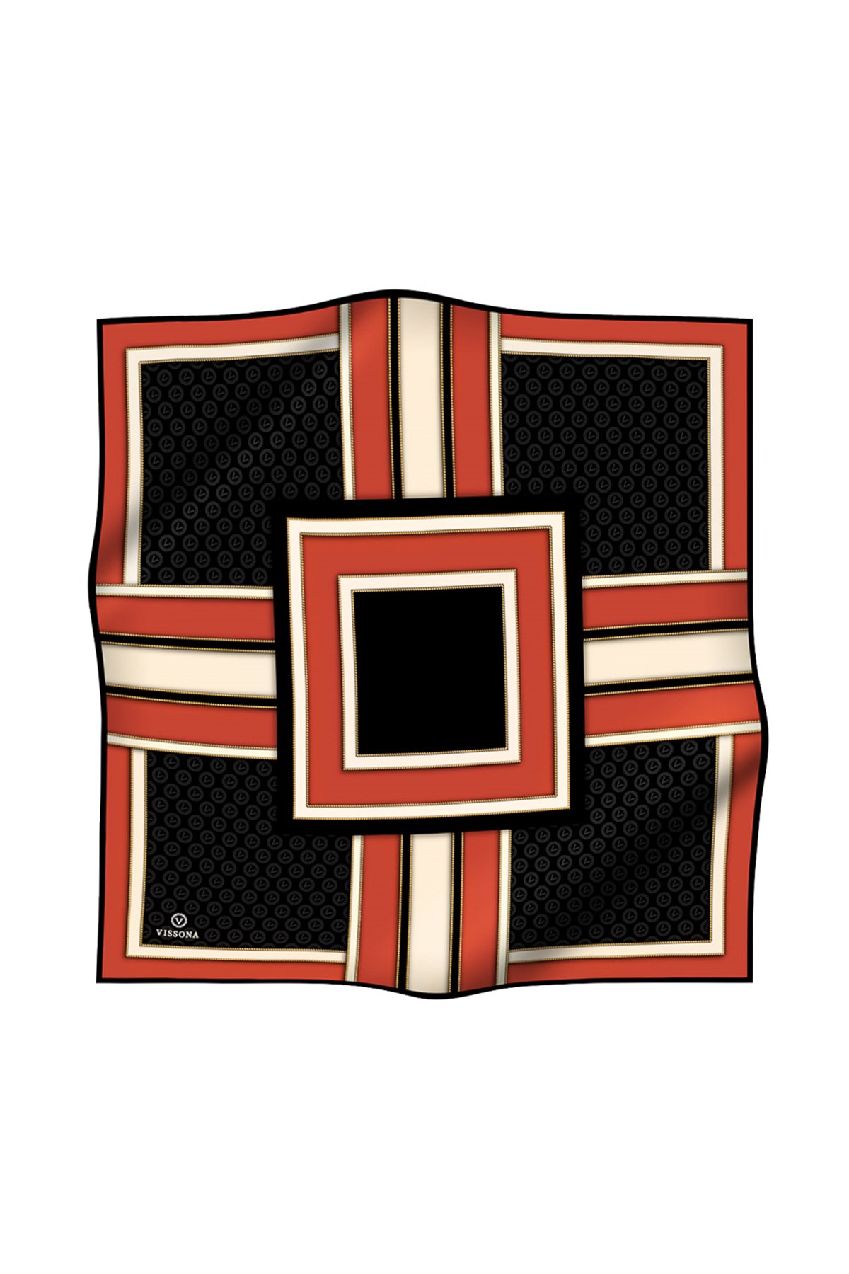 %100 Twill Geometrik Monogram Desenli Siyah - Taba Renkli 90x90 Eşarp Kenar Dikiş Şekli : El Dikişli