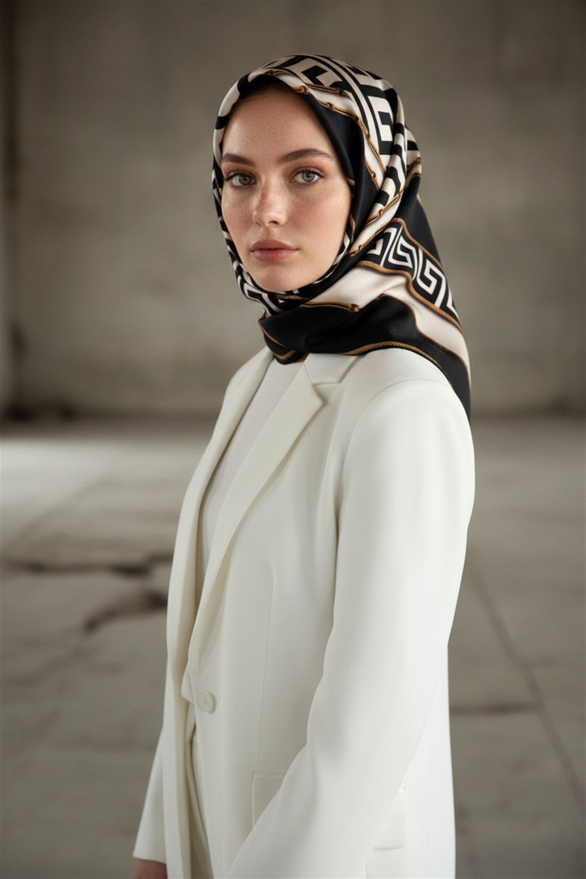%100 Twill İpek Labirent Ve Geometrik Desenli Siyah - Krem Renkli 90x90 Eşarp Dikim Şekli : El Dikişi