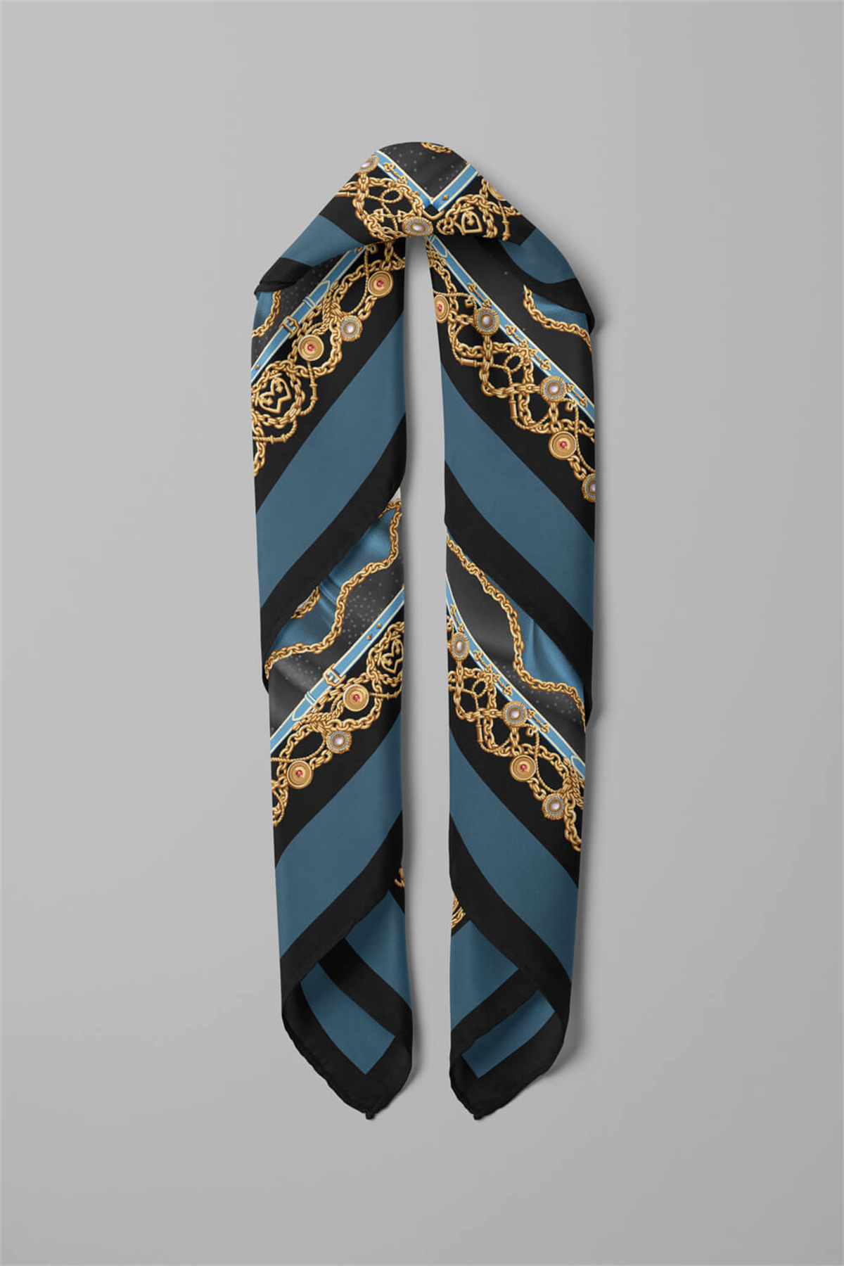 D117 Kadın Zincir  Desenli Bandana 50x50 Mavi DG0222-22 Snz