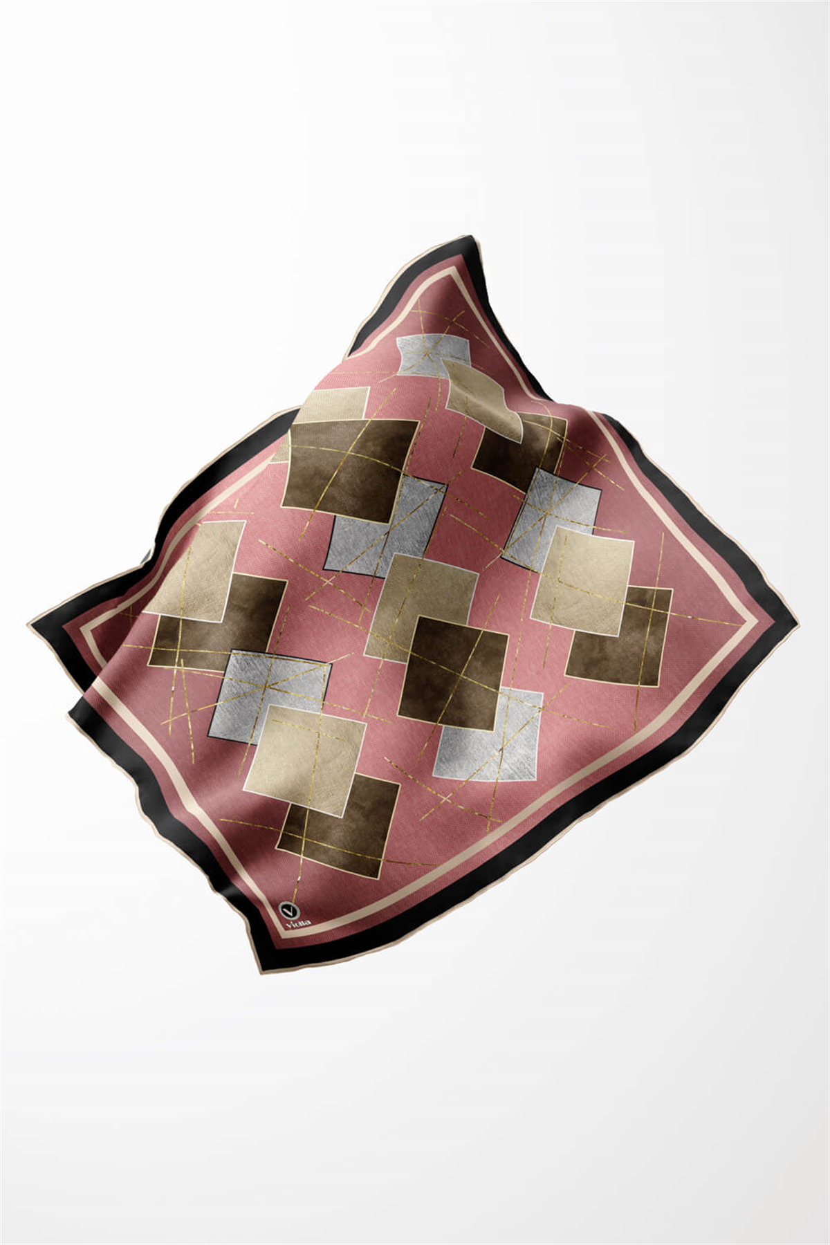 Twill Geometrik Desenli Pudra Renkli 90x90 Eşarp (İpek İçermez) Kenar Dikiş Şekli El Dikişli