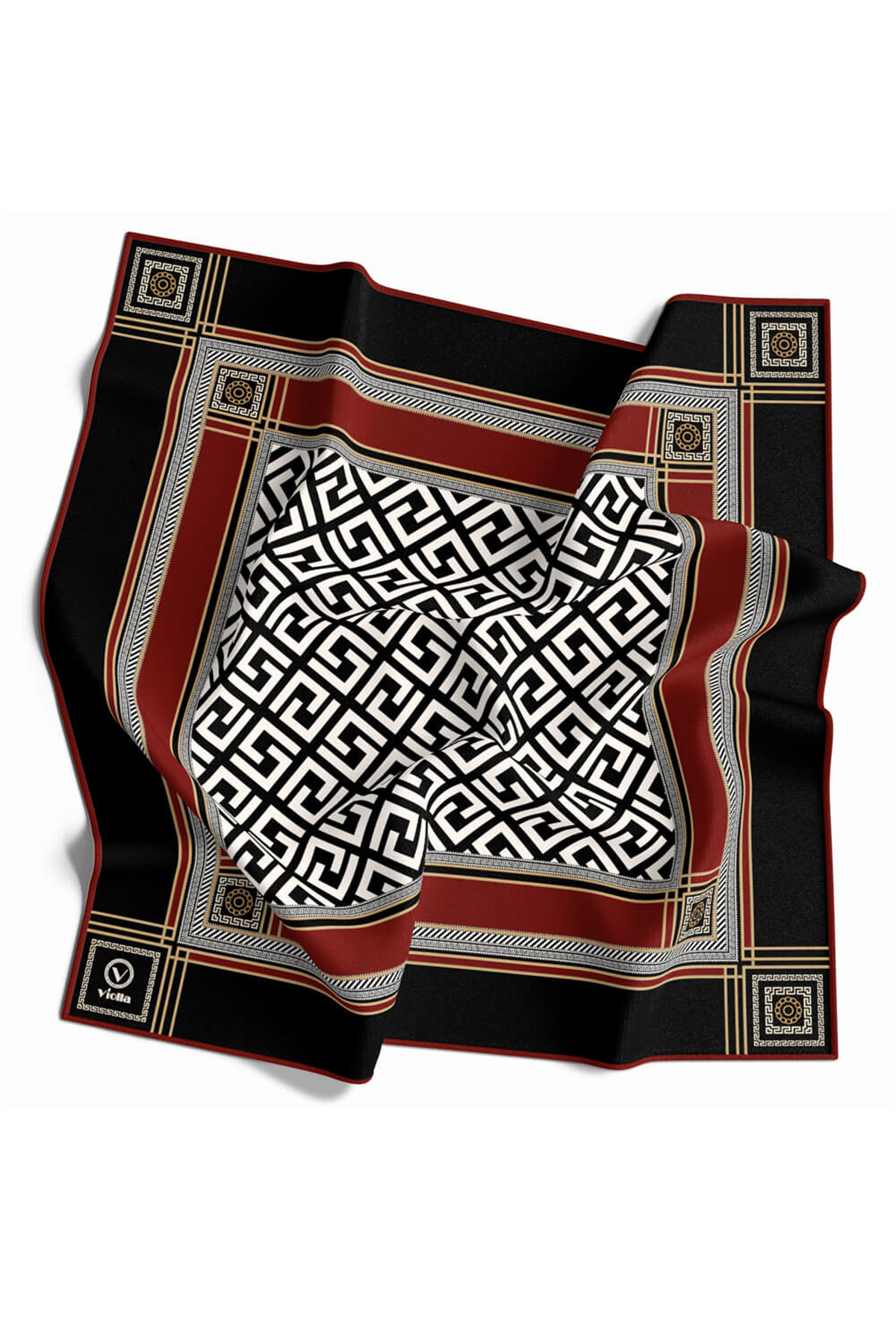 Twill Antik Desenli Bordo Renkli 90x90 Eşarp (İpek İçermez) Kenar Dikiş Şekli El Dikişli