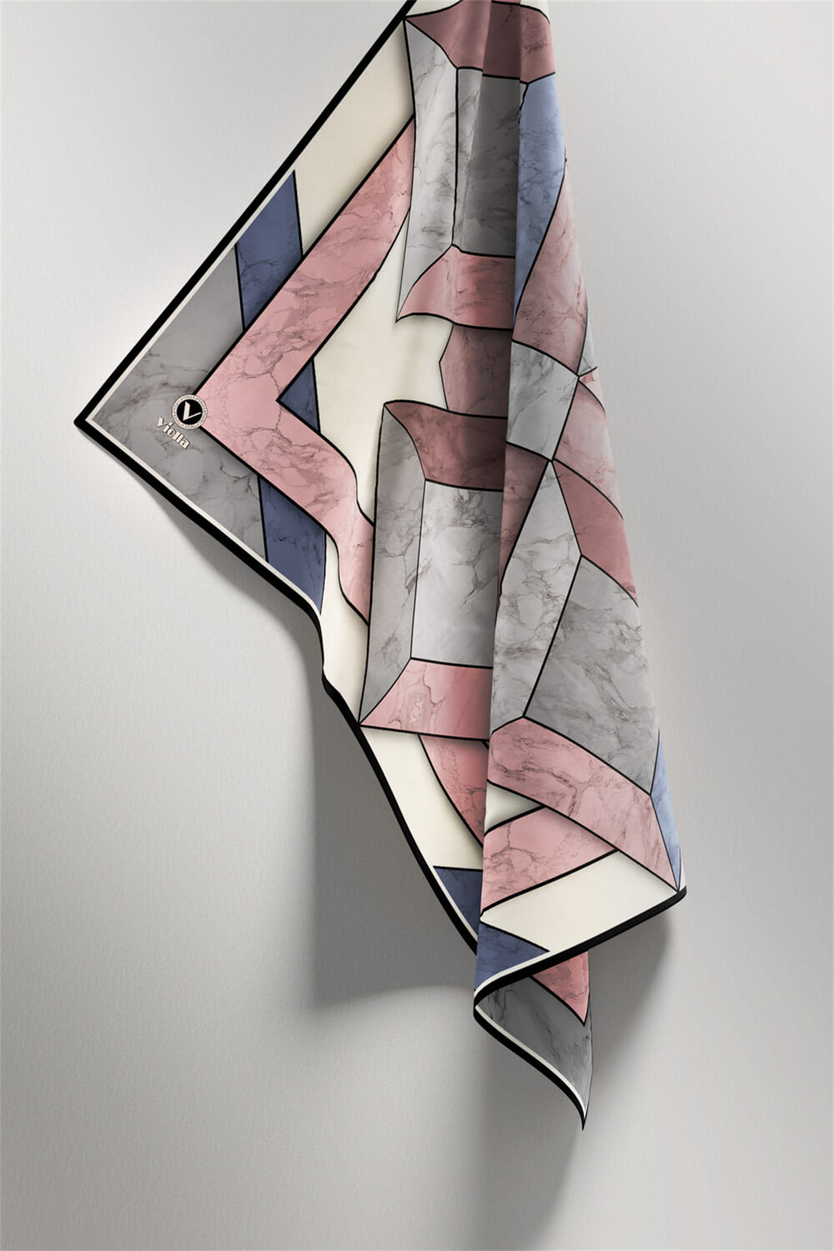 Twill Mermer Desenli Pudra - Bebe Mavisi Renkli 90x90 Eşarp (İpek İçermez) Kenar Dikiş Şekli El Dikişli