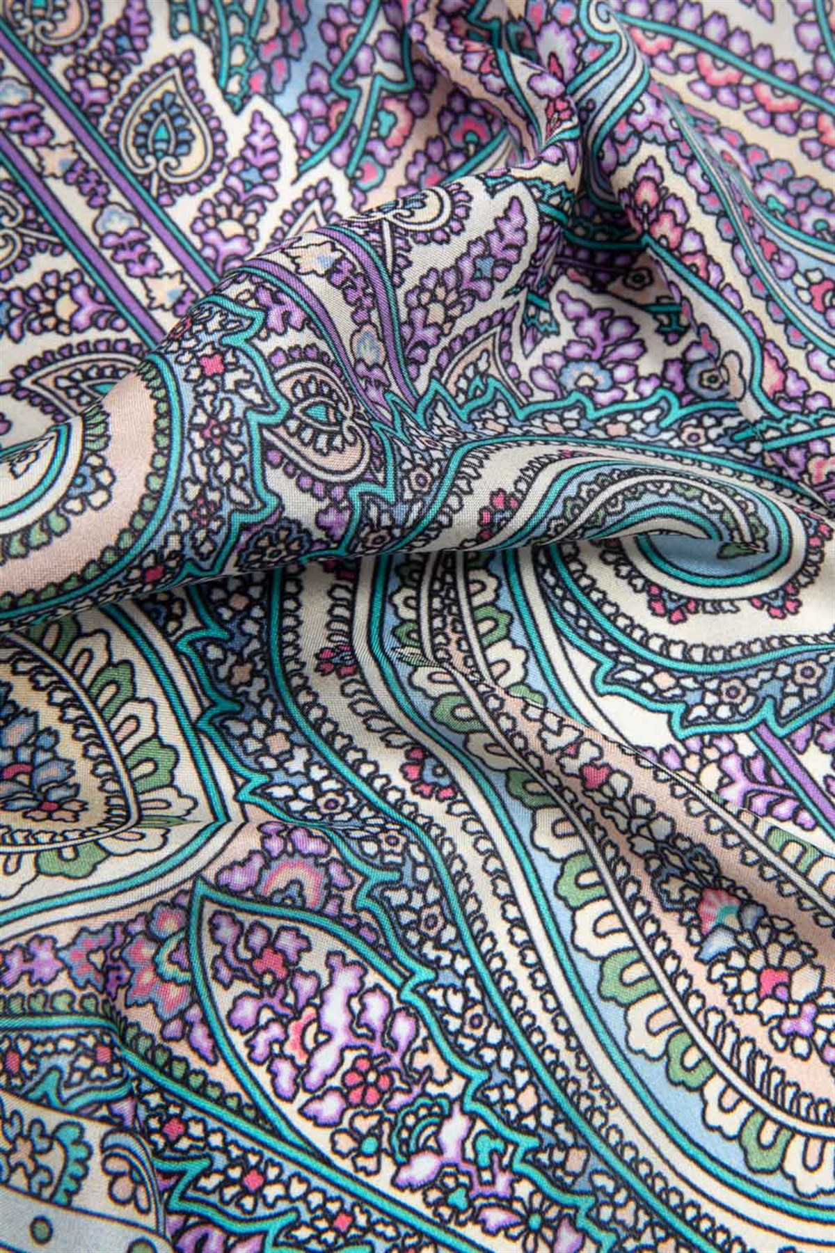 100% İPEK ETRO DESENLİ BEJ - LİLA RENKLİ ŞAL