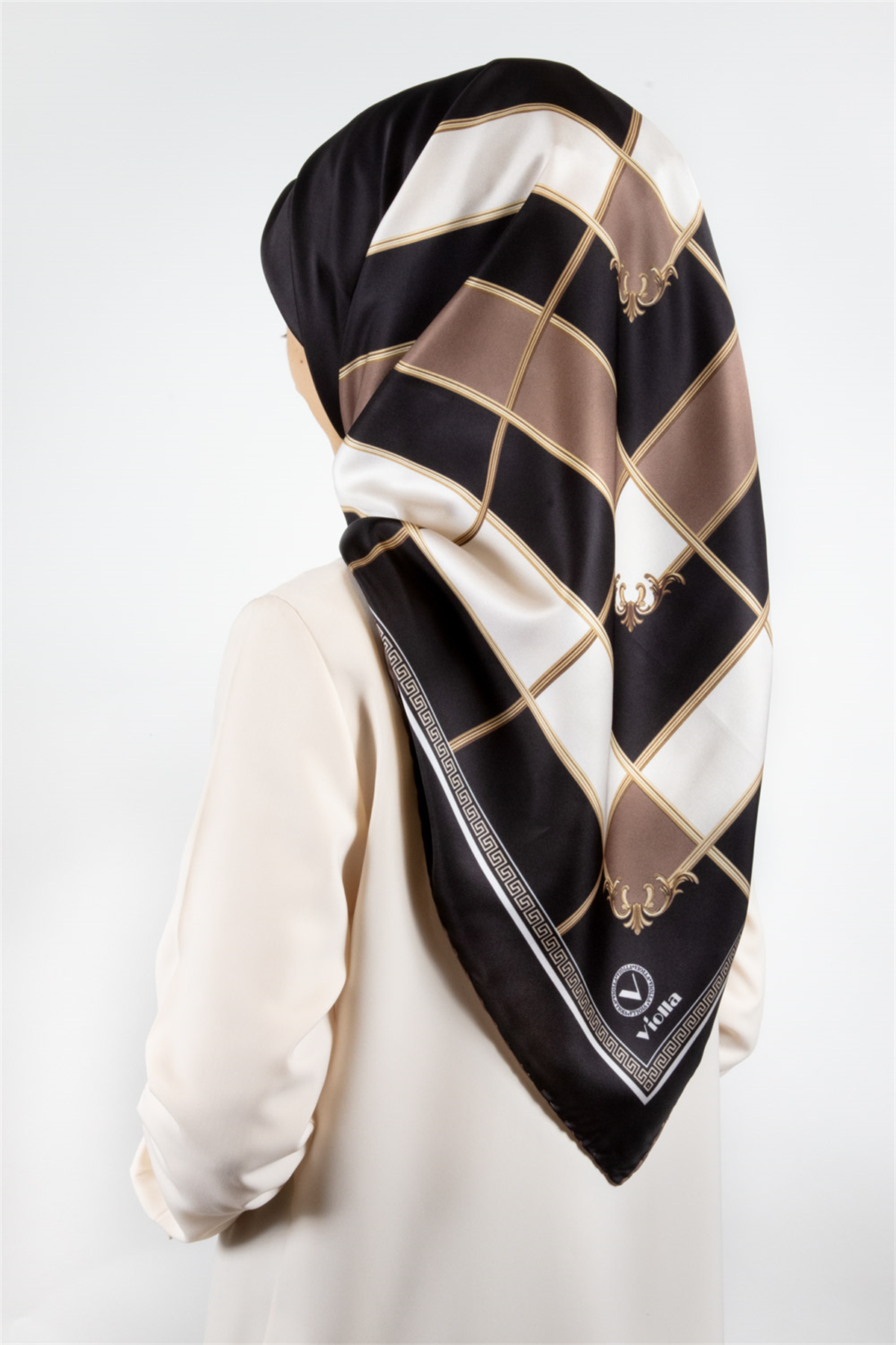 Twill Gold Detaylı Kareli Desenli Vizon Renkli 90x90 Eşarp (İpek İçermez) Kenar Dikiş Şekli El Dikişli