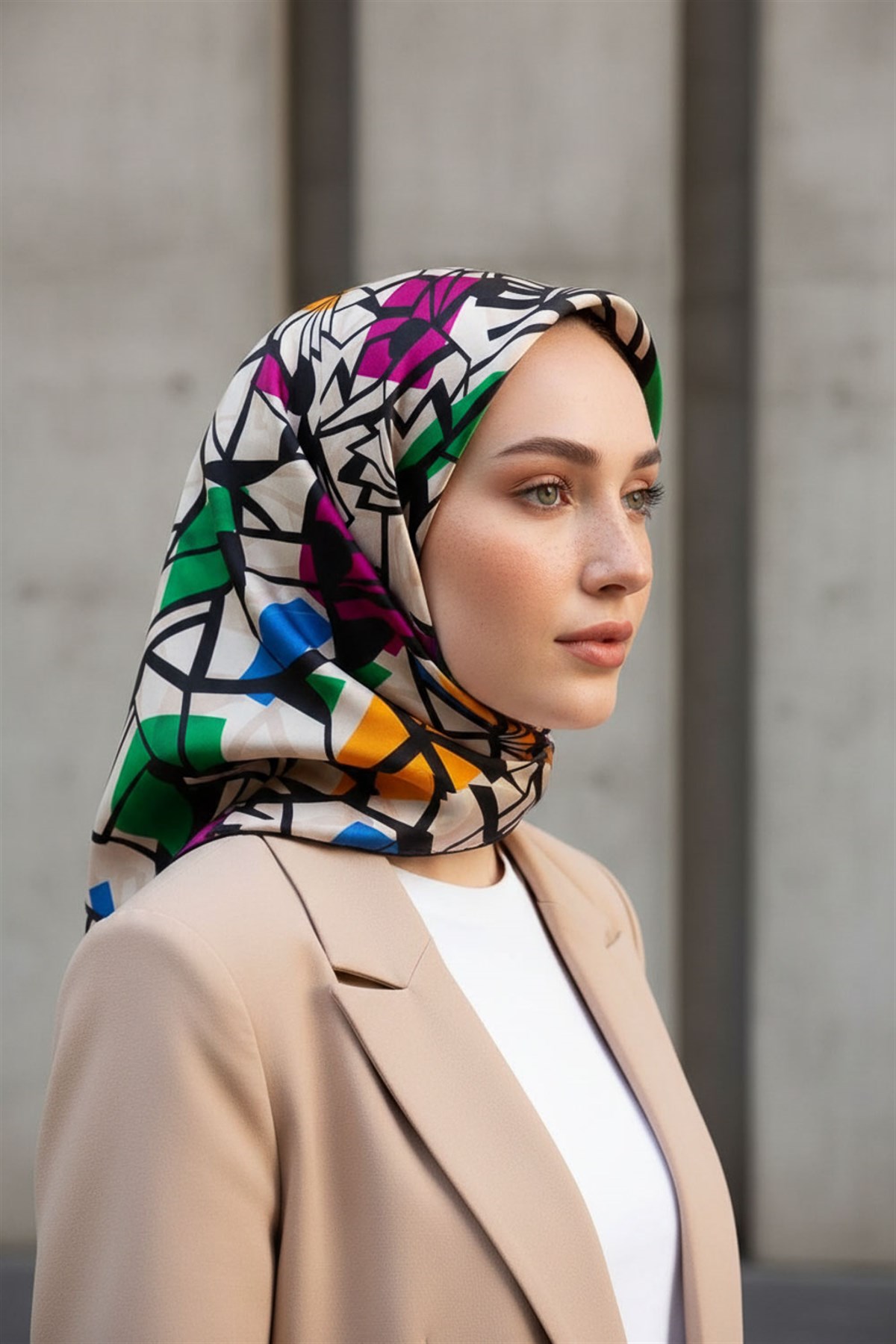 %100 Twill Renkli Petek Desenli Fuşya - Benetton Yeşili Renkli 90x90 Eşarp Dikim Şekli: El Dikişii