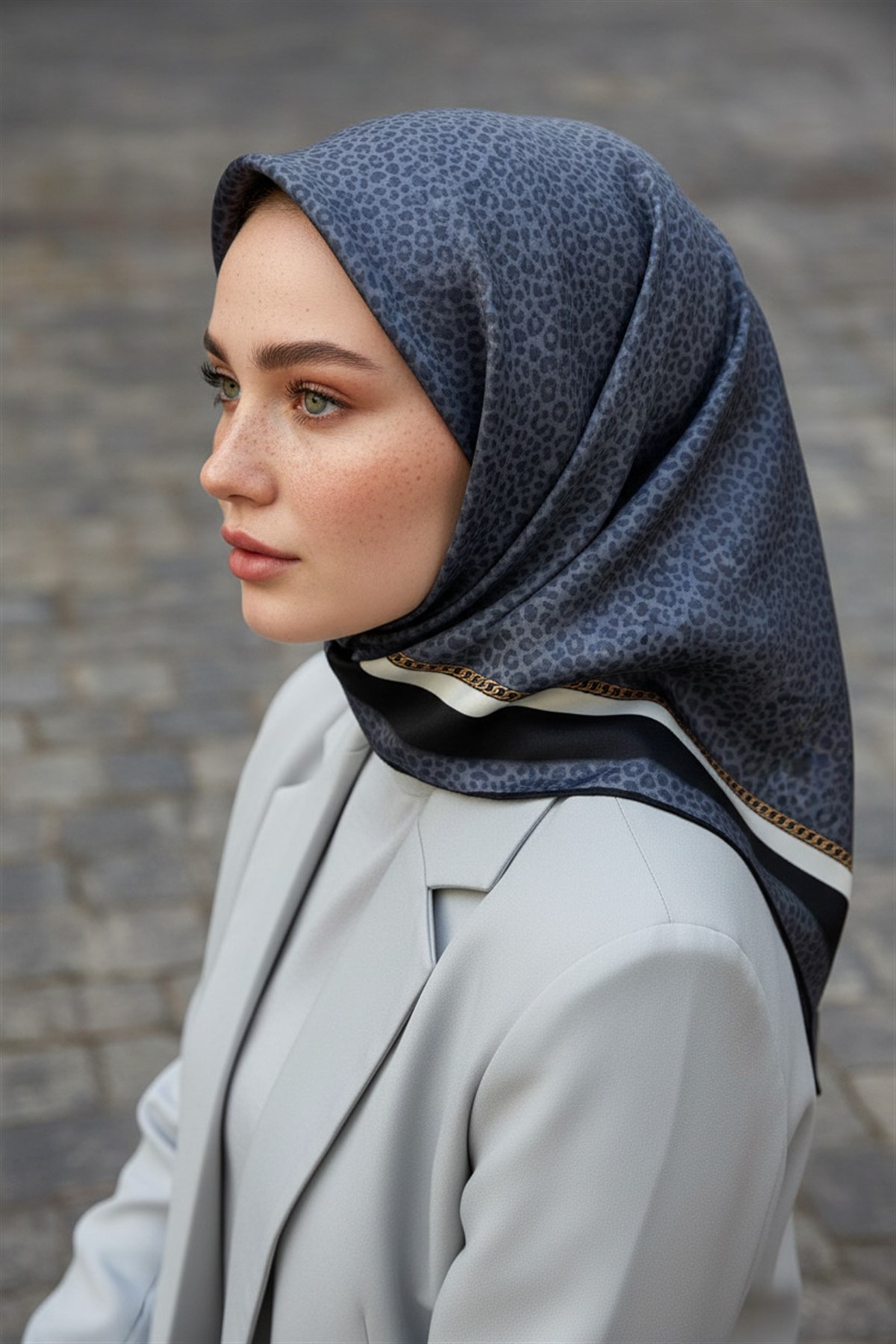 %100 Twill İpek Leopar Desenli Gri Renkli 90x90 Eşarp Dikim Şekli : El Dikişi