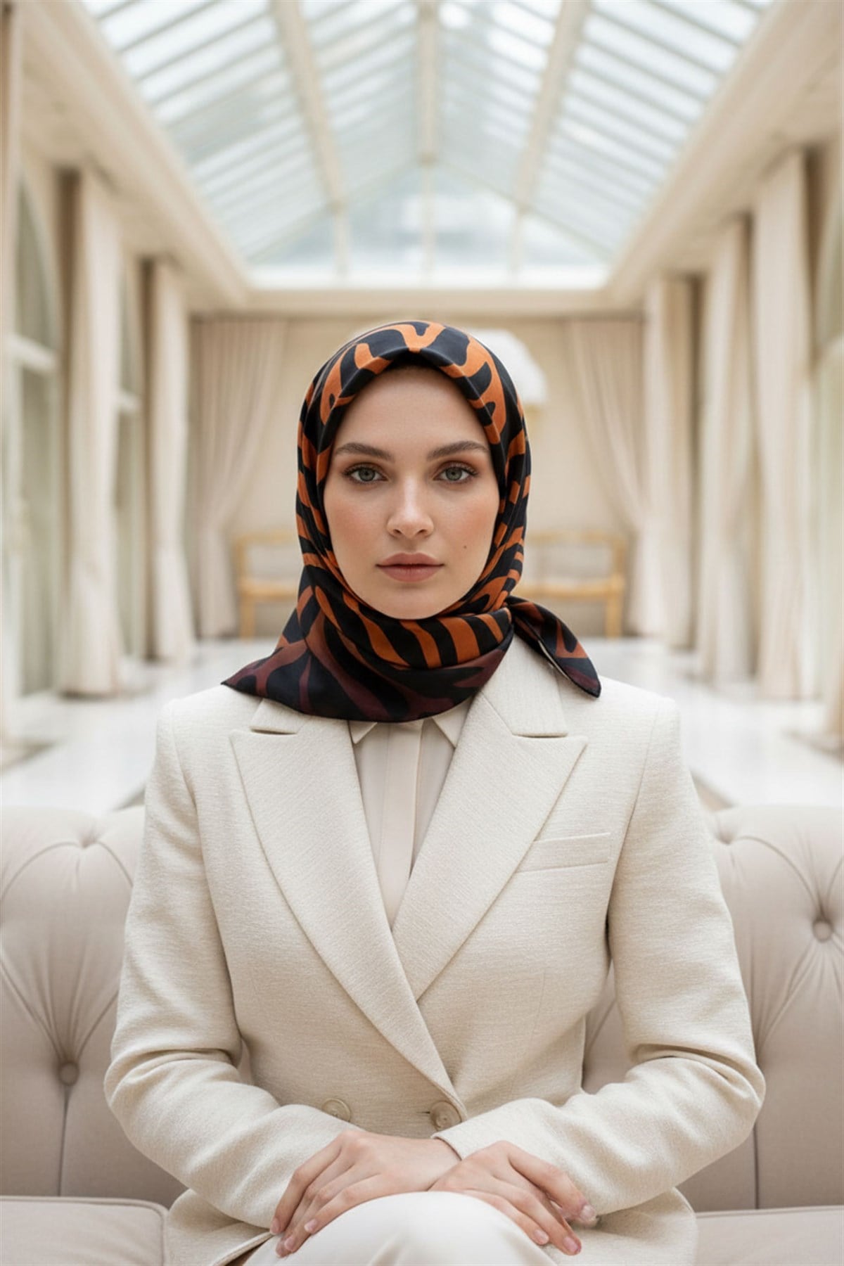 %100 Twill İpek Zebra Desenli Taba - Siyah Renkli 90x90 Eşarp Dikim Şekli : El Dikişi