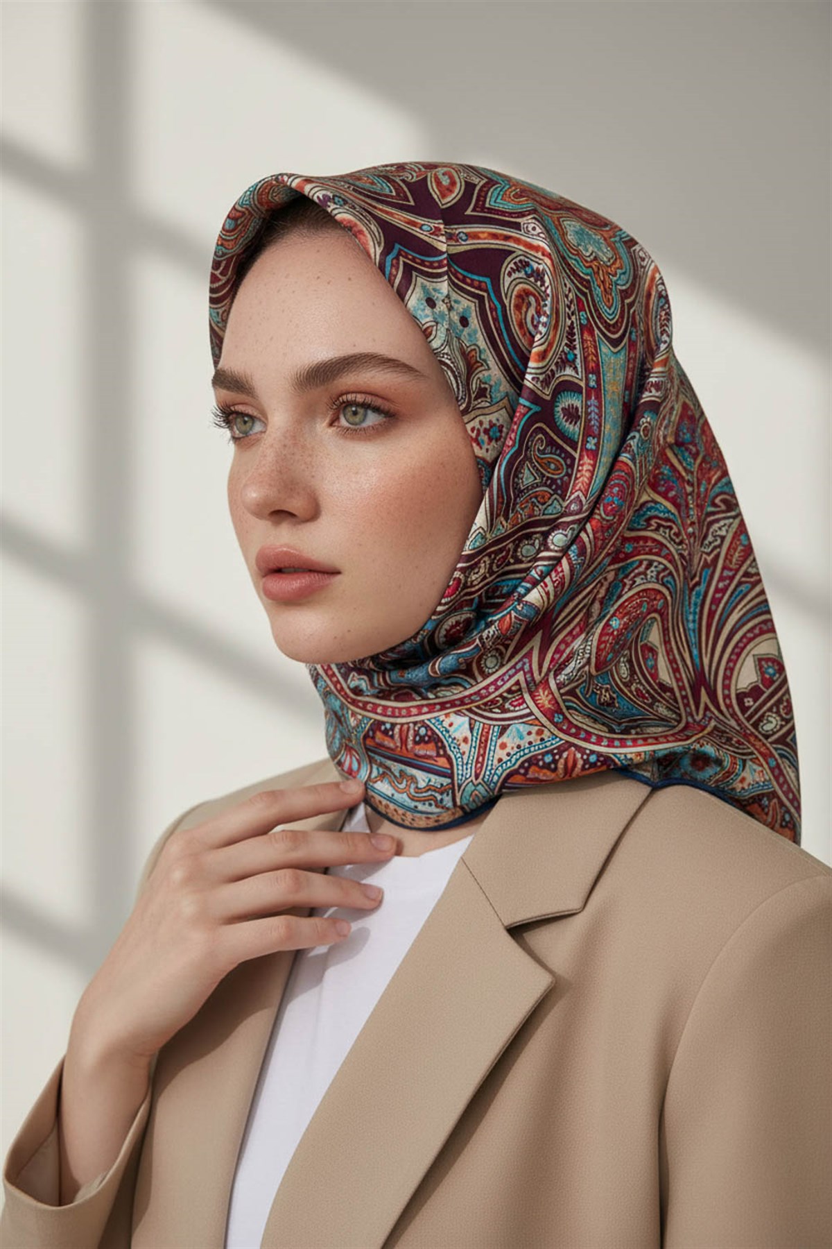 100% Twill İpek Etnik Desenli Lacivert Renkli 90x90 Dikim Şekli : El Dikişi Eşarp