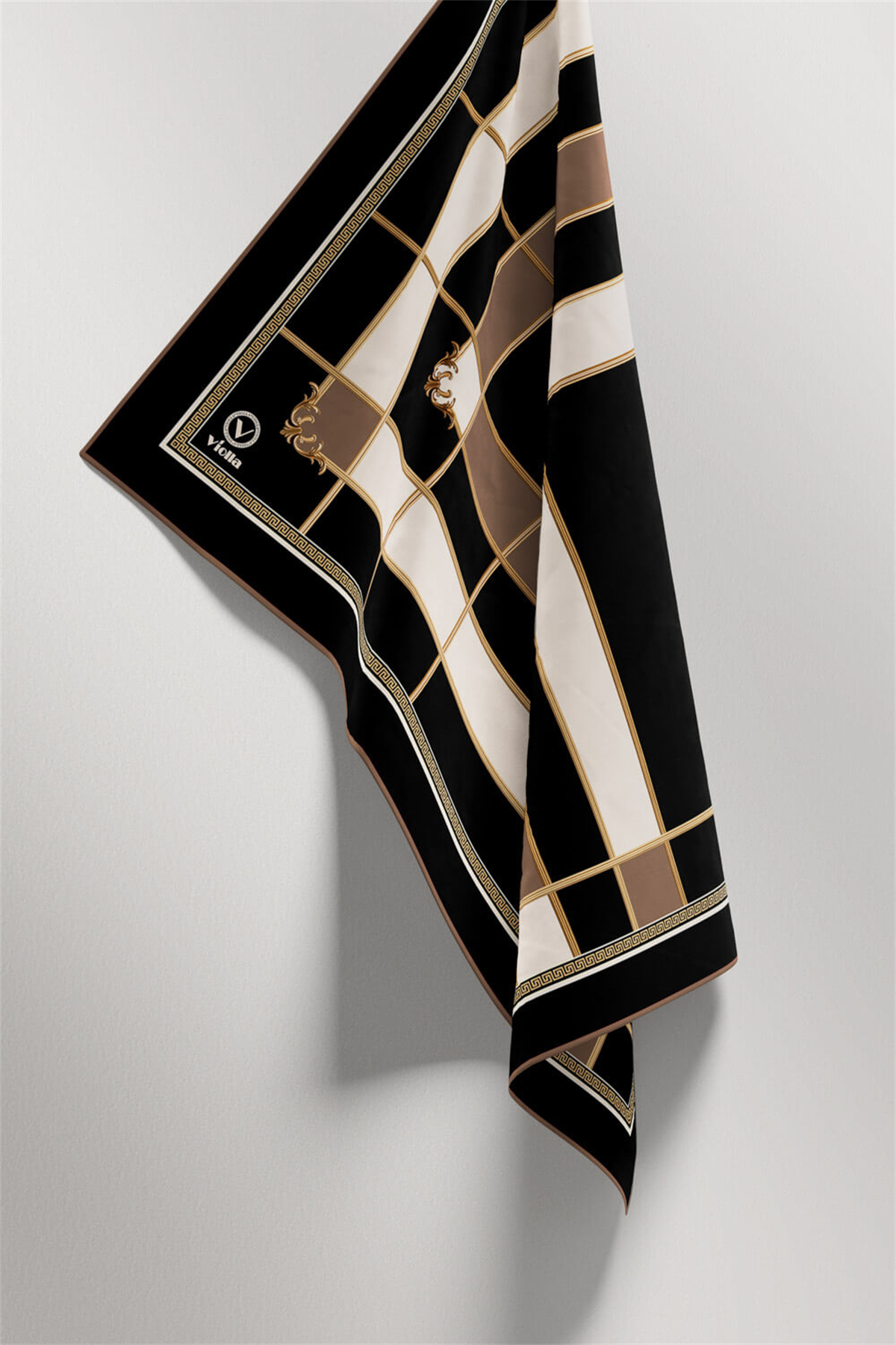 Twill Gold Detaylı Kareli Desenli Vizon Renkli 90x90 Eşarp (İpek İçermez) Kenar Dikiş Şekli El Dikişli