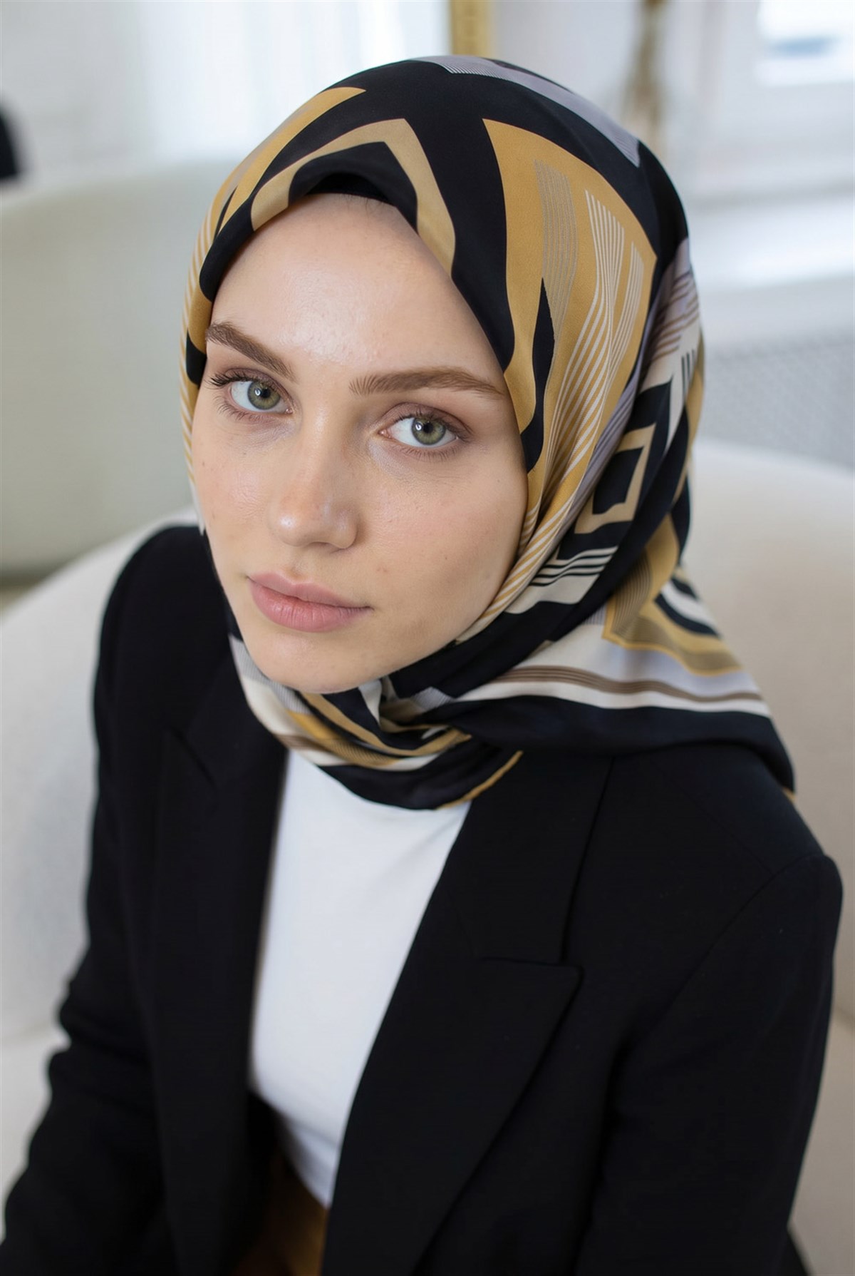 %100 Twill İpek Kare Desenli Siyah - Gold Renkli 90x90 Eşarp Kenar Dikiş Şekli El Dikişli