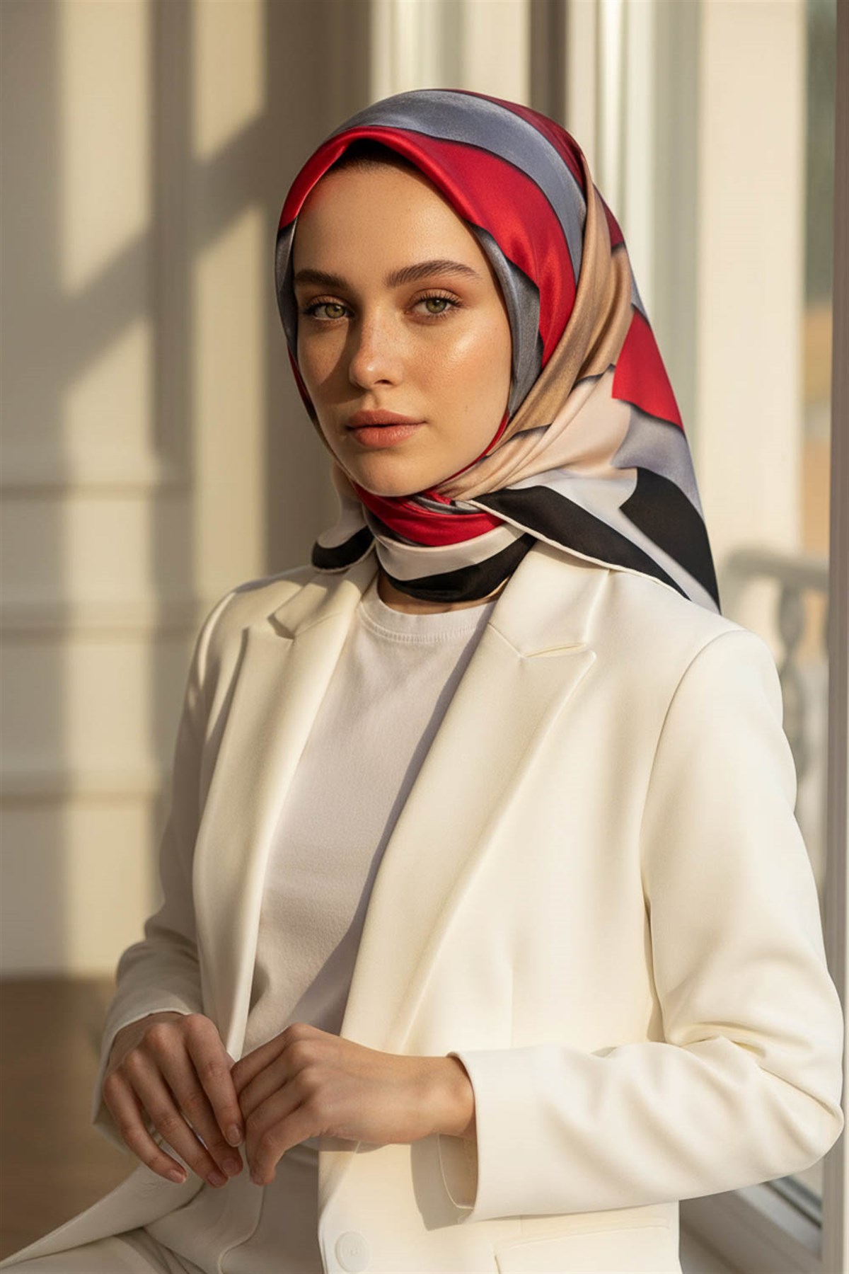 % 57 İPEK % 43 VİSKON Twill Geometrik Bulut  Desenli Kırmızı Bej  Renkli 90x90 Eşarp Dikim Şekli: El Dikişi