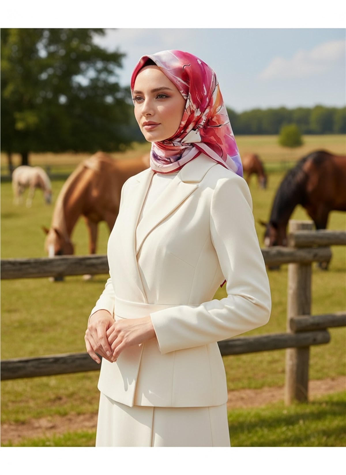 %100 Twill İpek Sulu Boya Çiçek Desenli Kırmızı - Fuşya Renkli 90x90 Eşarp Dikim Şekli : El Dikişi